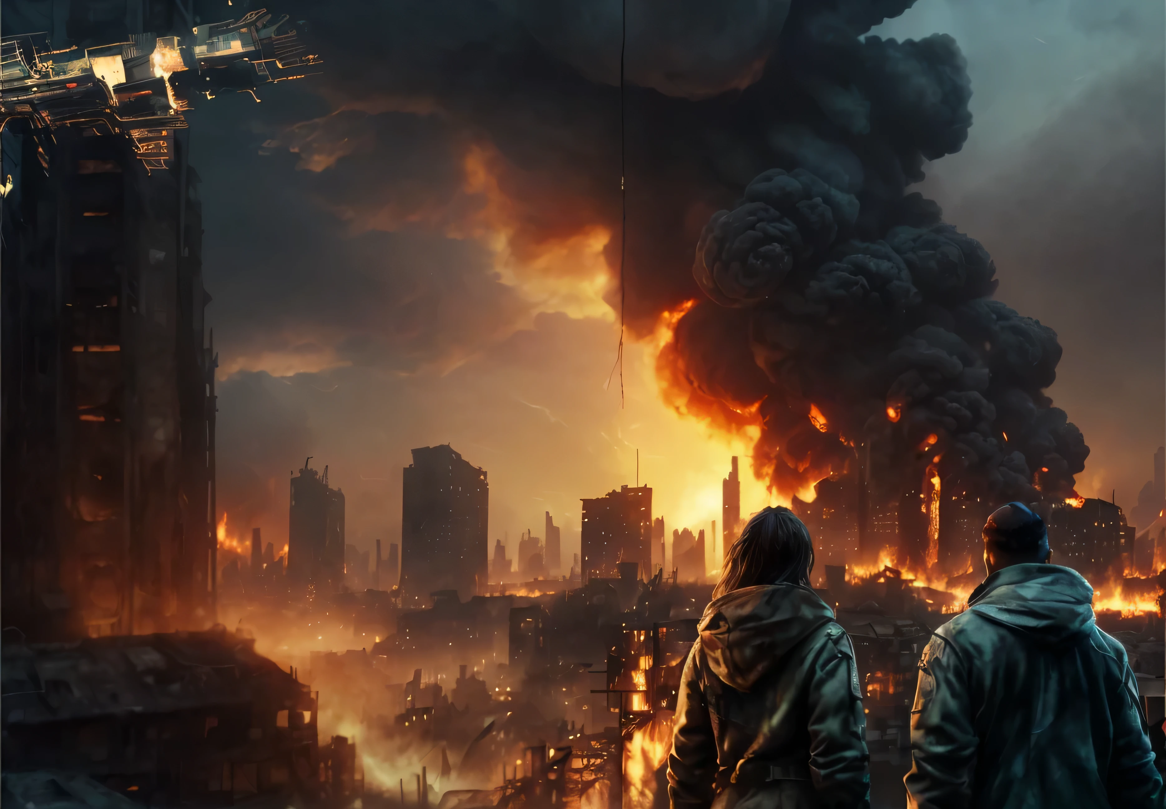 there are two people standing on a roof looking at a fire, dystopian scifi apocalypse, digital concept art of dystopian, burning city in background, destroyed city on fire, apocalyptic city backround, destroyed city in the background, apocalyptic city, dystopin future, dystopian digital art, city on fire background, apocalyptic future city, game art matte painting, burning city background