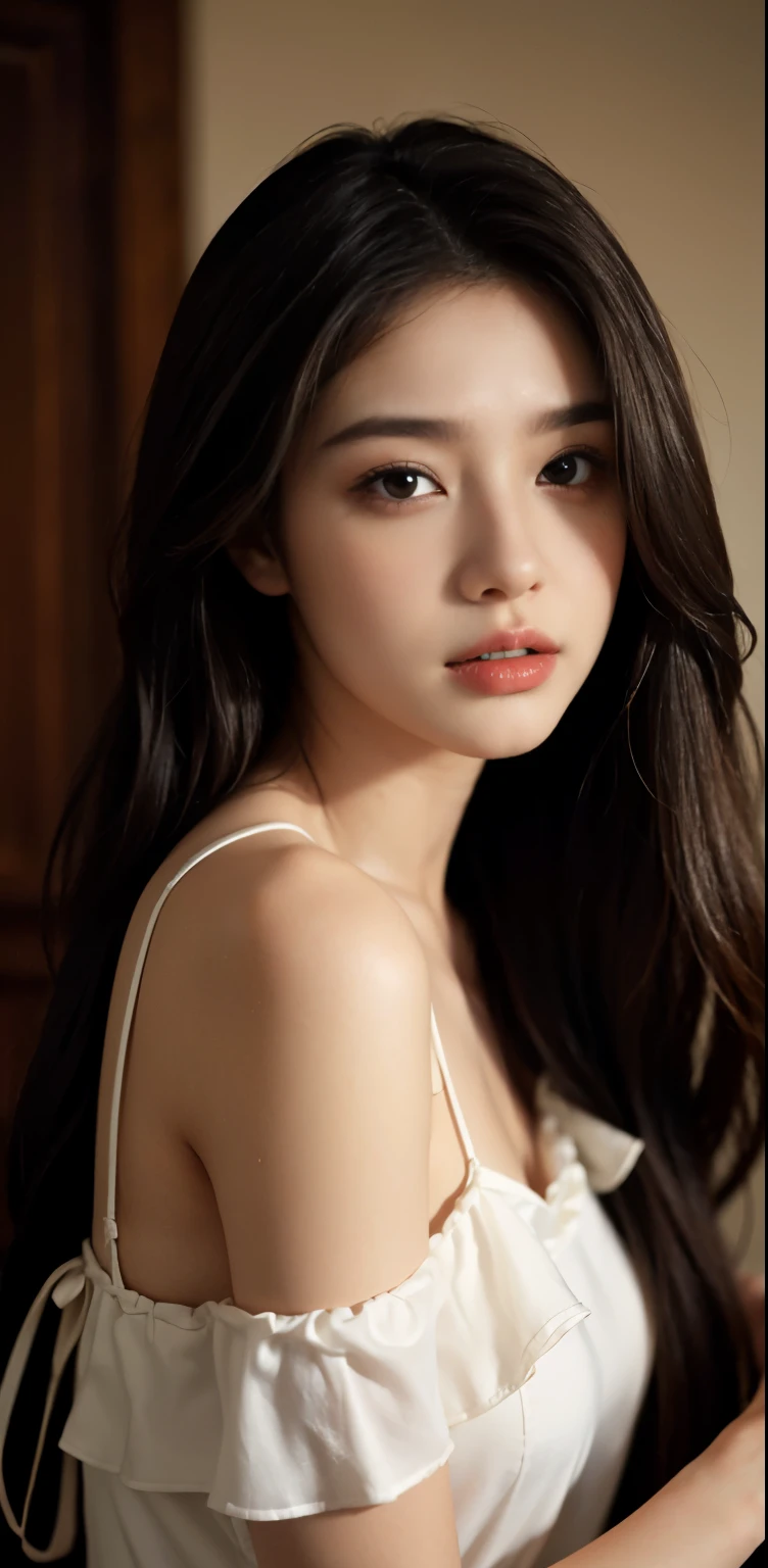 best quality,masterpiece,ultra high resolution,(realism:1.4),original photo,1 girl,take off shoulders,long white hair,face highlight,bed,pure,girly,18 years old,spaghetti strap dress,Silk texture,full,feather