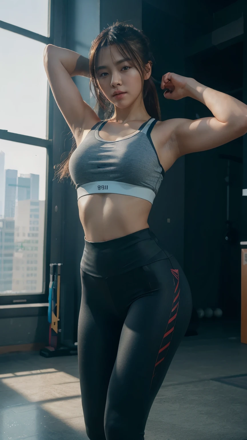 (8k, RAW photo, best quality, masterpiece:1.2), (realistic, photo-realistic:1.37),1girl, professional lighting, photon mapping, radiosity, Korean Doll, leggings, gym, dynamic pose, wearing sportswear