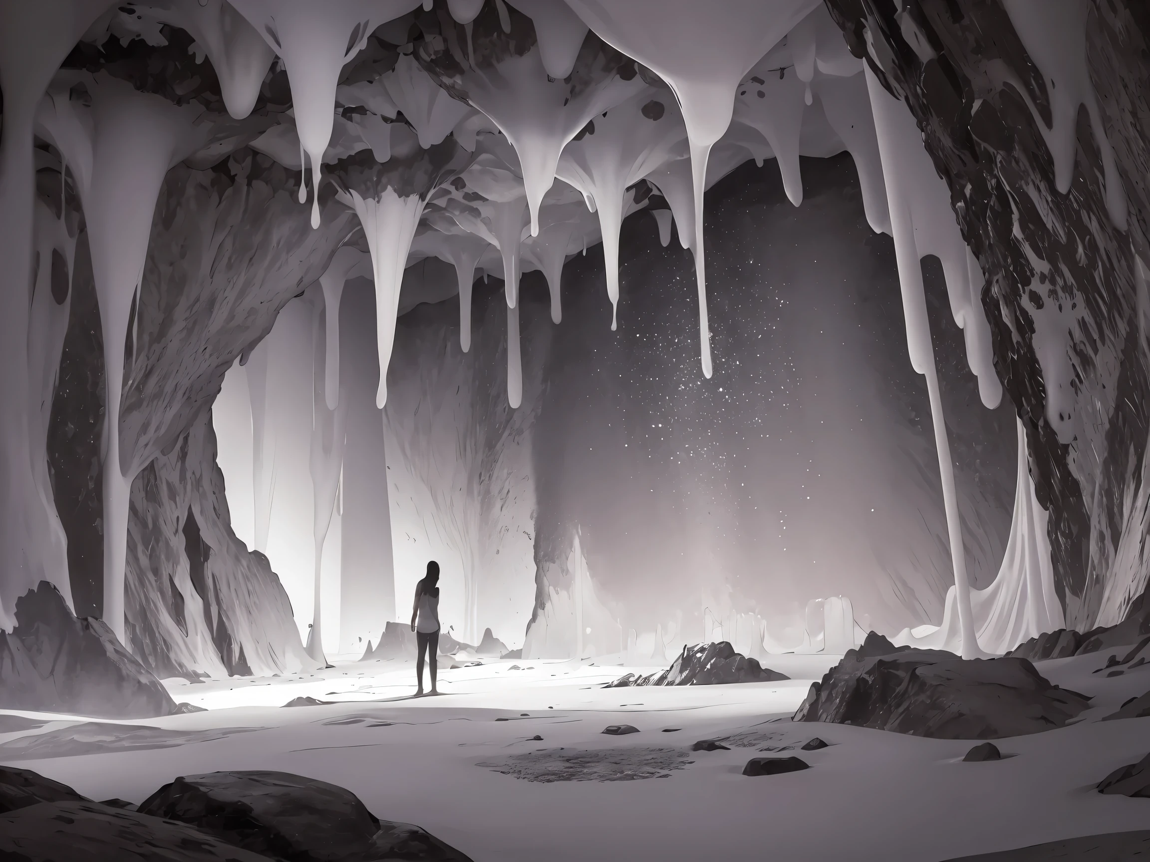 Salt cavern, salt crystals, dimly lit