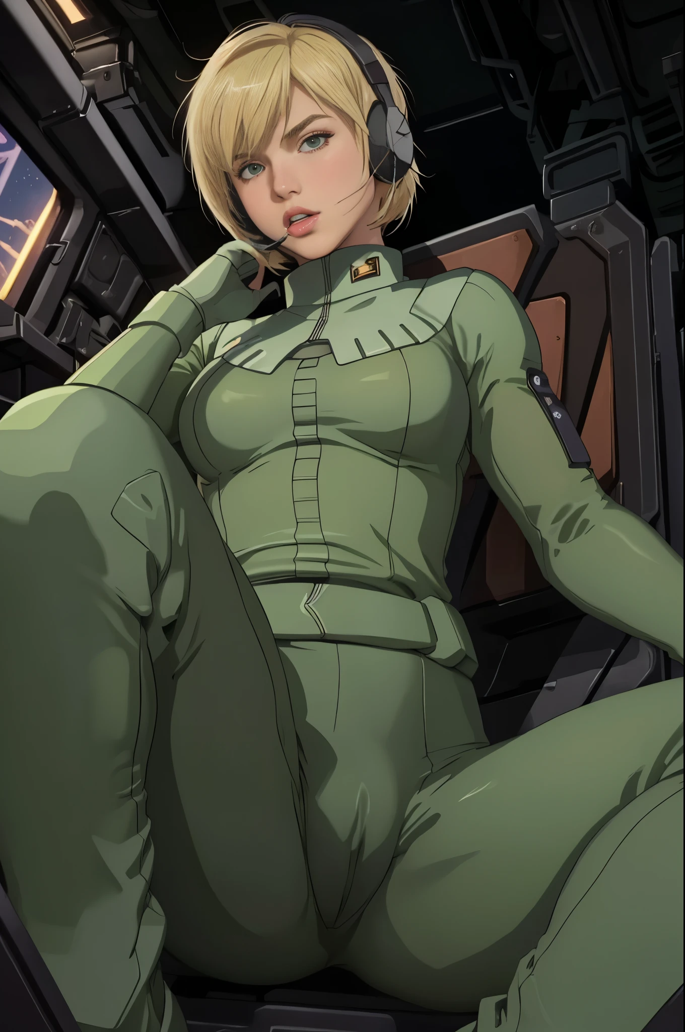 original character,good anatomy, masterpiece, best quality,realistic, hyperrealistic, 16k hdr,photorealistic, cinematic, zeon pilot, (cockpit view:1.2), 20yo,beauty american woman,(blonde hair,bobcut:1.2),green flight suit,medium breasts,from below,sitting,spread legs,cameltoe,sexy pose,looking down,headset