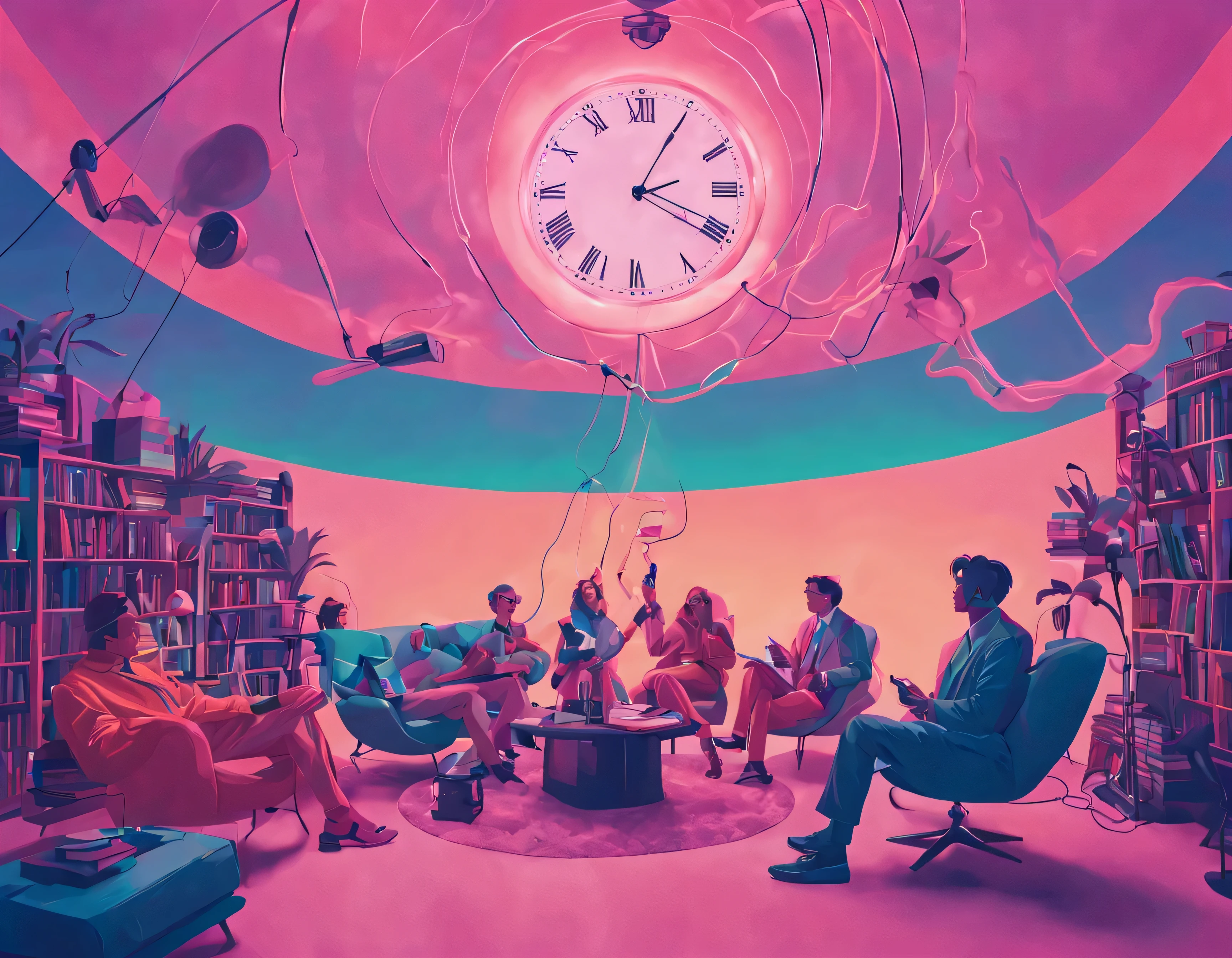 Vaporwave aesthetic style, lines, silhouettes of several people, colors are suspended in the air, Microphones, Books, Dali clock, domestic atmosphere, cozy communication, Podcast, Microphones, Vintage, magic, Retro-futuristic style