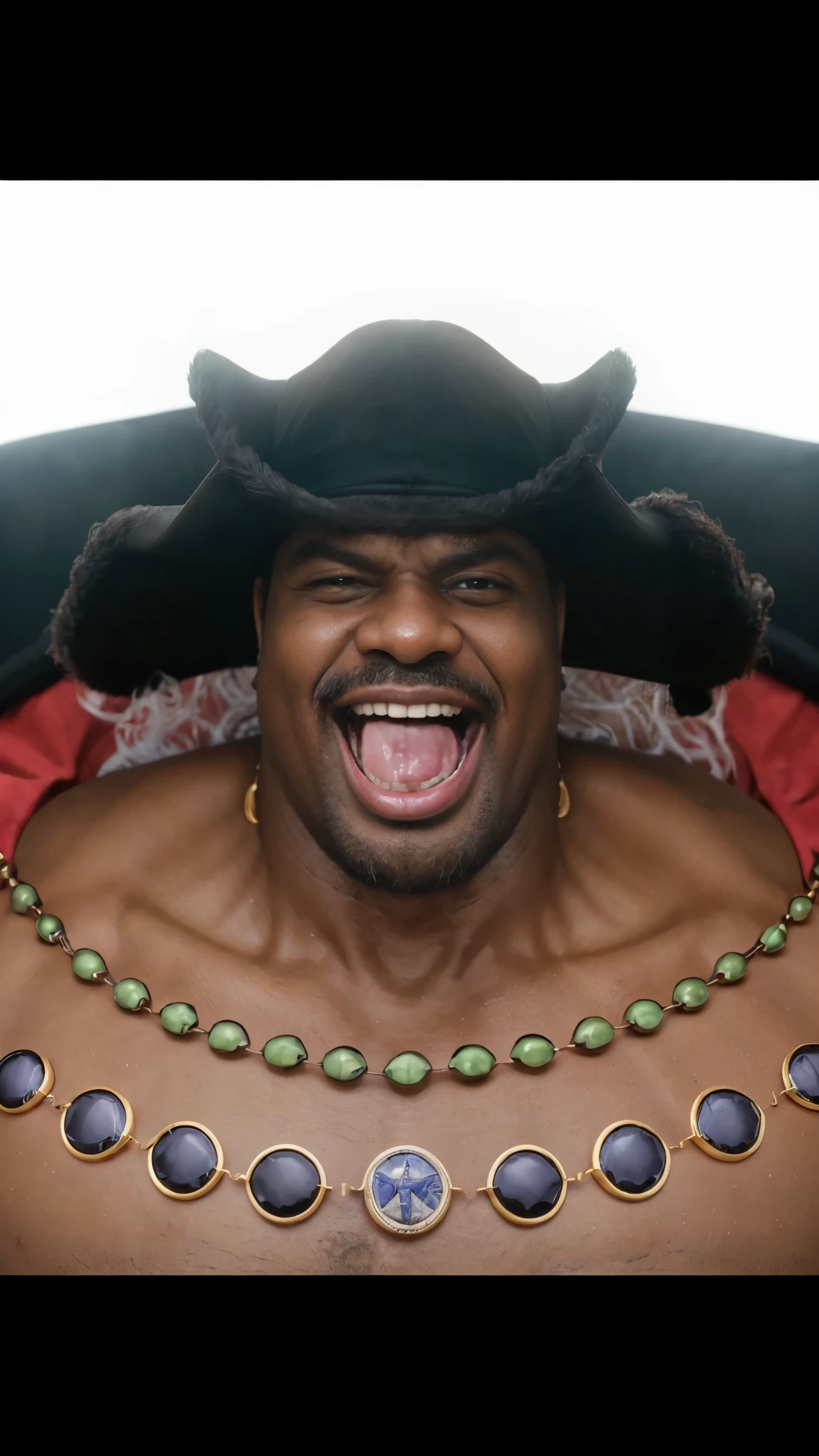 (masterpiece), (realistic), (ultra detailed), ( high reest quality), (photorealistic), (perfect face), (perfect anatomy), ((man))), (((male))), ((((fat)))), solo, (((negro:1.2))), ((45 years old))), Marshall D. Teach from one piece, Marshall D. Teach, one piece, long curly hair, wearing a black robe, black beard, wearing a necklace accessory, (((His mouth was wide open in an evil laugh)))