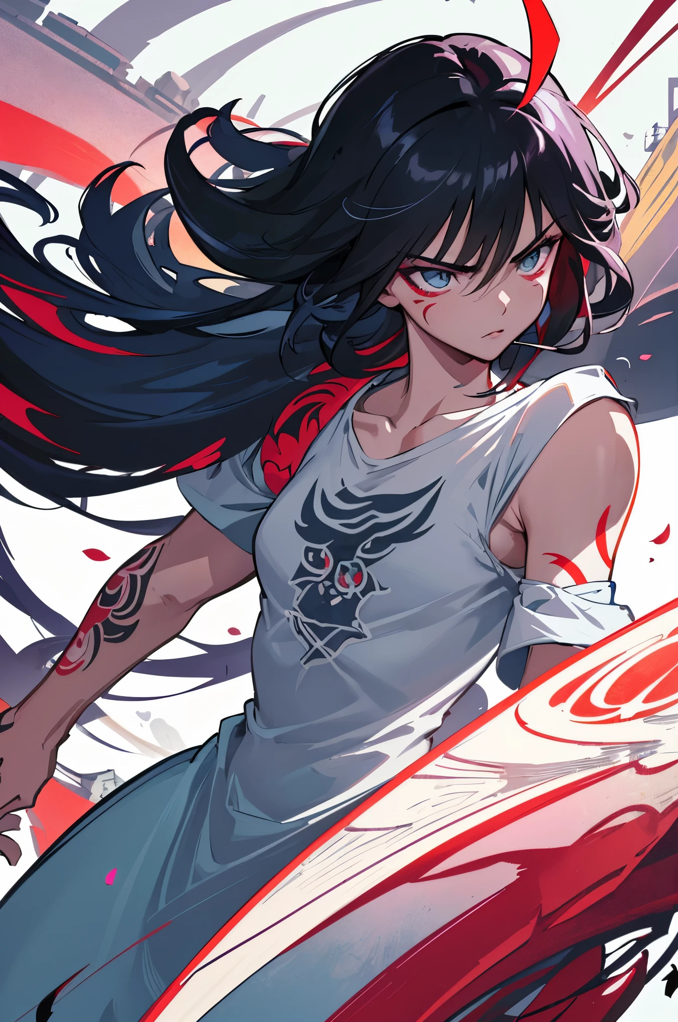::  comix style ryuko hikari ::2.9   style ::2.0 comix illustration style ,digital illustration of beautiful male character in toh-yasu drawing style illustrator, anime style, body with futuristic tribal tattoo style designs in dragon shape, serious face and ultra detailed artwork, graffiti style destroyed city scenery with camera focus, (beautiful and clear background:1.2),,((sofía vergara  beauty)), ( detailed eyes and detailed face:1.3), (t-shirt or dress:1.3), (beautiful and clear background:1.2), (extremely detailed, ultra-detailed, best shadow:1.1),bare shoulders, flowers and petals,  , (white background:0.5), (illustration :1.1), (extremely fine and beautiful boy:1.1), (perfect details:1.1)