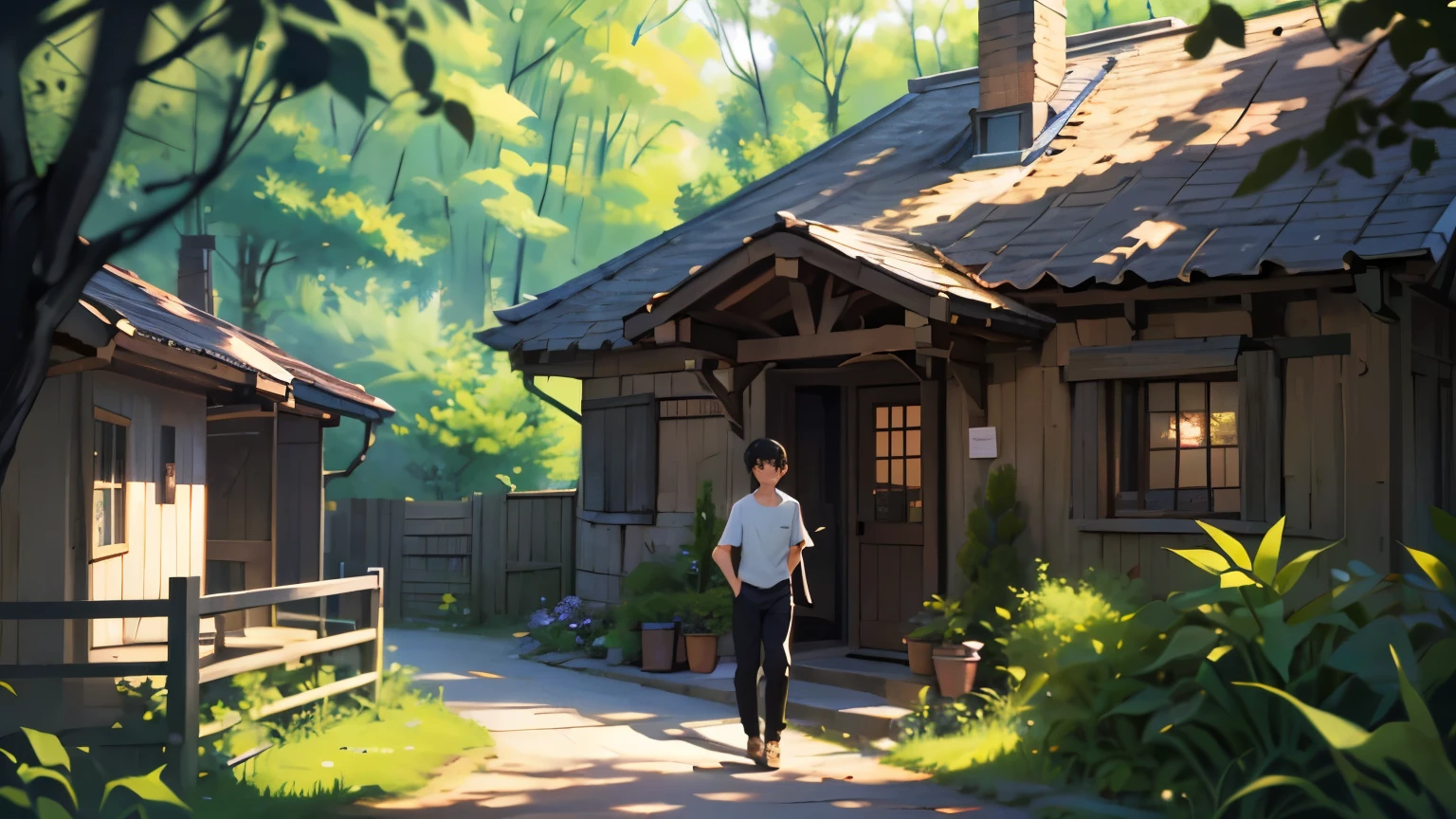 a 14-year-old boy dressed in casual clothes, is captured, in front side Garden of his small cottage, walking, from a wooden bench, towards a tree, in adorable manner. The surrounding trees and bushes are a vibrant tapestry of life, their branches adorned with rich textures of natural fibers and leaves in shades of green, creating a stunningly beautiful backdrop. The sunlight filters through the foliage, casting dappled patterns on the ground, adding to the serene and idyllic atmosphere. The boy's smile is the focal point of the scene --seed 3318333492