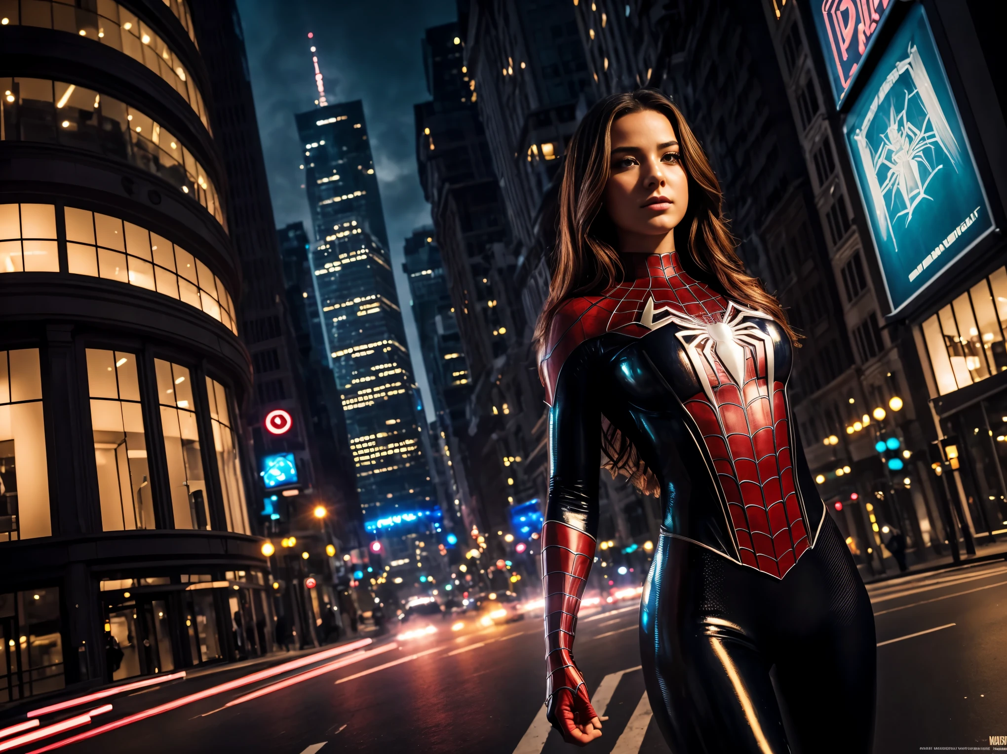 (Photo realistic) (ray tracing) (ultra detailed) (ultra detailed face and hands) (extremely detailed wallpaper), photo of the most beautiful scene in the world, Intricate, High Detail, Sharp focus, dramatic, photorealistic, (looking at viewer:1.2), (detailed pupils:1.3),(Highest Quality), (Photo realistic), (Masterpiece), full length body, detailed image, hyper realistic face and body, realistic 5 finger hands, Super realistic background, beautiful, young woman, CIty, Moody Lights, Movie scene, standing pose, flash, smoke, dramatic lights, busty, Spiderman, sexy tight tiny spidergirl, tight latex spiderman bodysuit, full length shot, sunset
