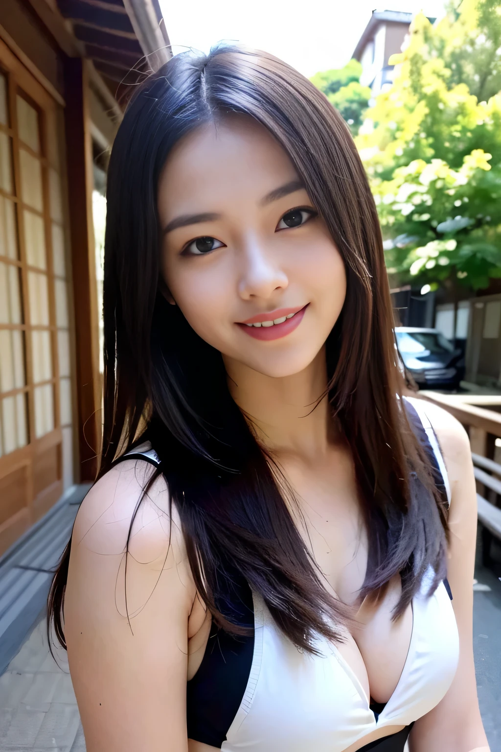 (((best image quality、highest quality、Super high quality 1.5、Super high quality 1.5、32K、pieces fly、RAW photo、very clear image、very clear image quality、Photoreal 1.3、Super detailed 1.2, small details, High resolution, Perfect dynamic structure, masterpiece, surreal,Highly detailed CG unity 32k wallpaper,realistic pictures、real human being、super detailed face、)))、The most beautiful woman working as a club hostess in Ginza、shiny brown hair、Arashiyama in Kyoto、wearing a white bikini、Enjoy the autumn leaves、very fascinating、She is full of confidence、smile at the camera、Expressing her charm to the fullest、random sexy pose 1.5、random situation、squat
