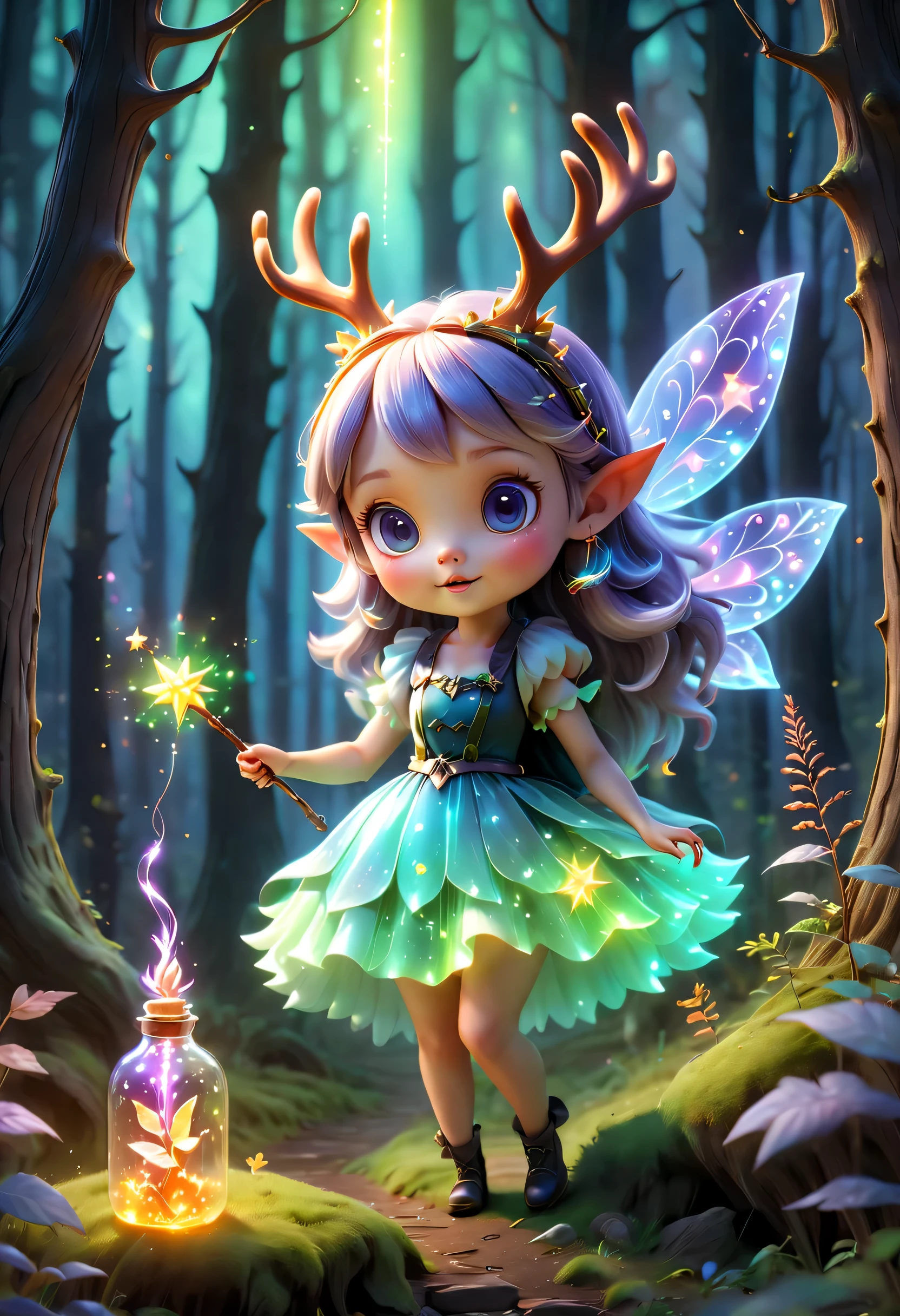 best quality,4K,8k,high resolution,masterpiece:1.2,Super detailed,actual:1.37,flashing lights,EnchantingForest,Magical atmosphere,charming scenery,rich and colorful,闪闪luminescent仙女,Charming witches,Cute fawn,luminescent,fluorescence,Magic wand casting spell,bottle filled with luminescent liquid,ethereal atmosphere