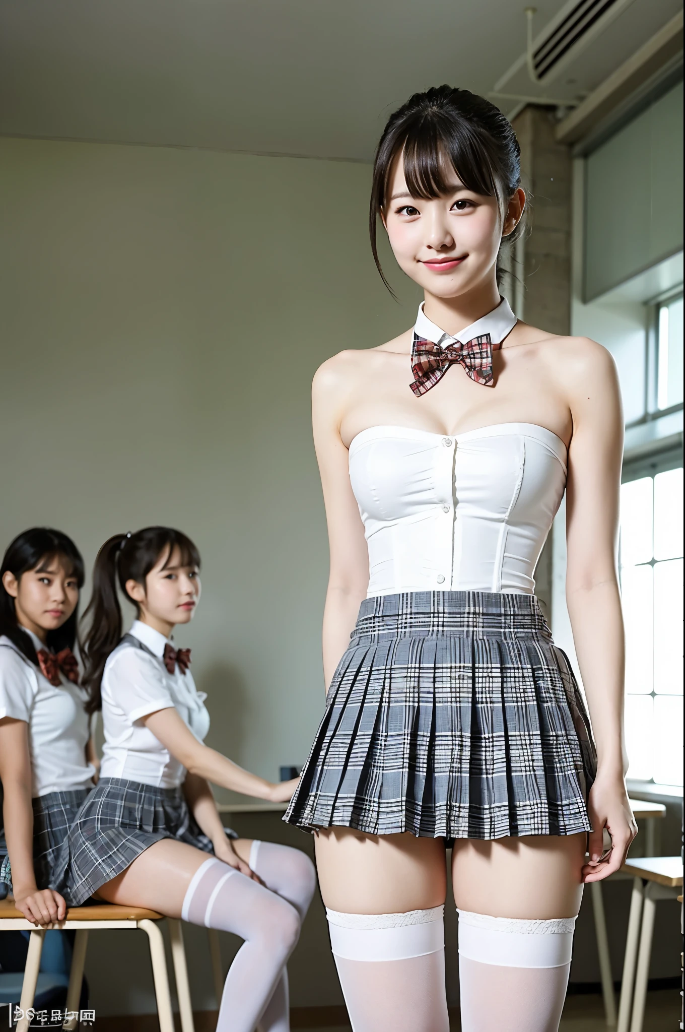 girls standing in school classroom,white micro bikini with tiny pink bow,18-year-old,bangs,a little smile,thighs,knees,short hair and low pigtails with barrette,from below,front light