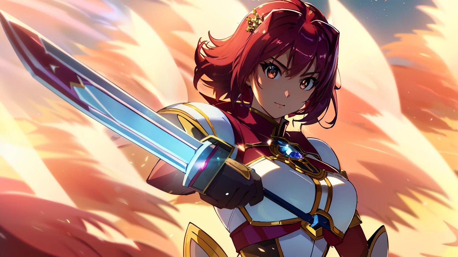 Close-up of a girl in a white dress holding a sword, knights of zodiac girl, portrait knights of zodiac girl, Girl with short red hair, Brown-eyed girl, muscular woman, feminine and muscular, Shining ruby armor, 魅惑的なprincess night, Dressed in light armor, Dress Armor Girl, big breasts, with large breasts, Tits, Shiny ruby armor, princess intergalactica, leotard with an white, Crystal Ruby Armor, rei hino as a princess, High quality anime art style, whole body, Smooth anime CG art, princess night, solo, digital manga art, magical girl anime mahou shojo, Ruby Princess, Ruby reflective armor,