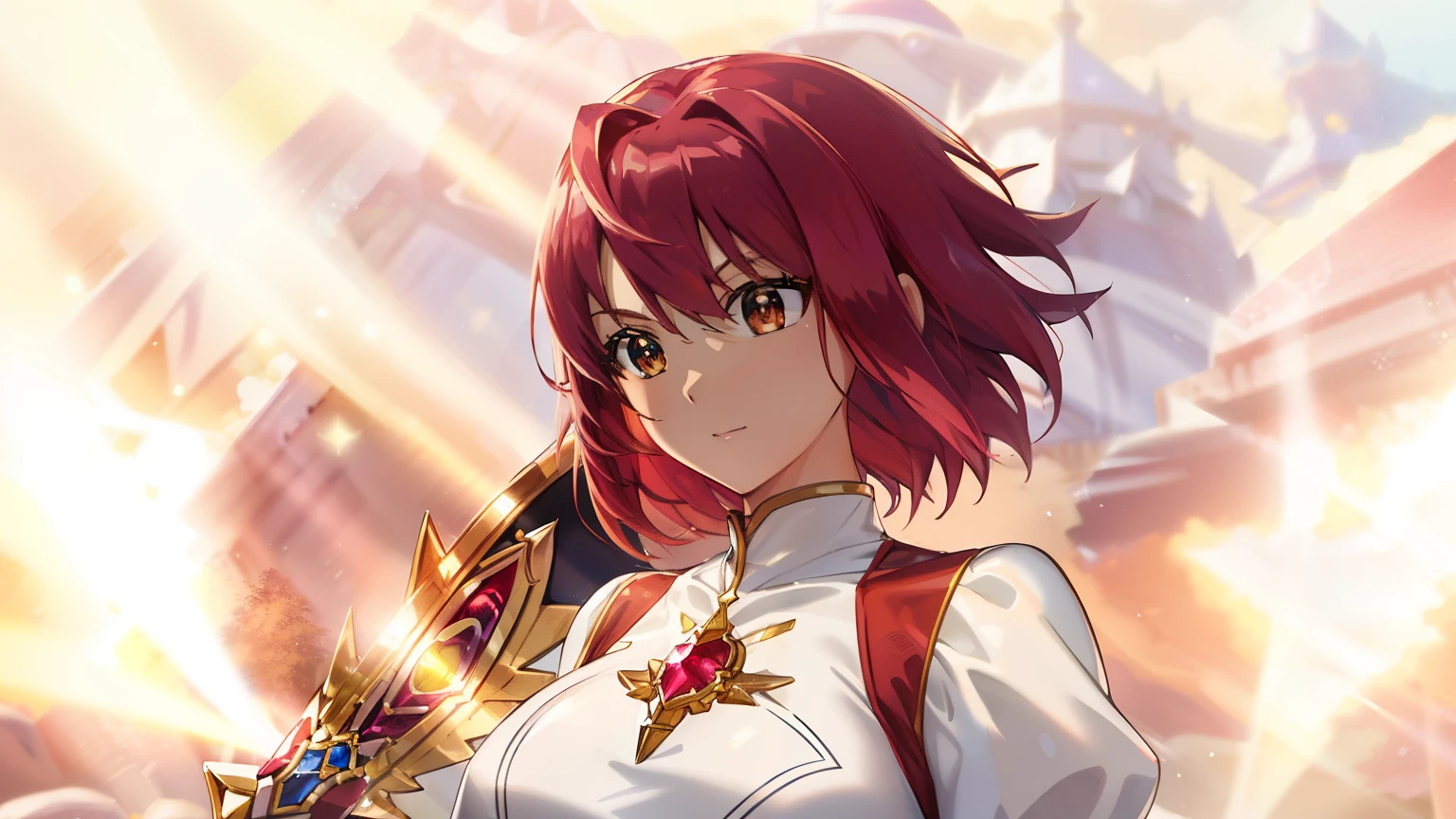 Close-up of a girl in a white dress holding a sword, knights of zodiac girl, portrait knights of zodiac girl, Girl with short red hair, Brown-eyed girl, muscular woman, feminine and muscular, Shining ruby armor, 魅惑的なprincess night, Dressed in light armor, Dress Armor Girl, big breasts, with large breasts, Tits, Shiny ruby armor, princess intergalactica, leotard with an white, Crystal Ruby Armor, rei hino as a princess, High quality anime art style, whole body, Smooth anime CG art, princess night, solo, digital manga art, magical girl anime mahou shojo, Ruby Princess, Ruby reflective armor,