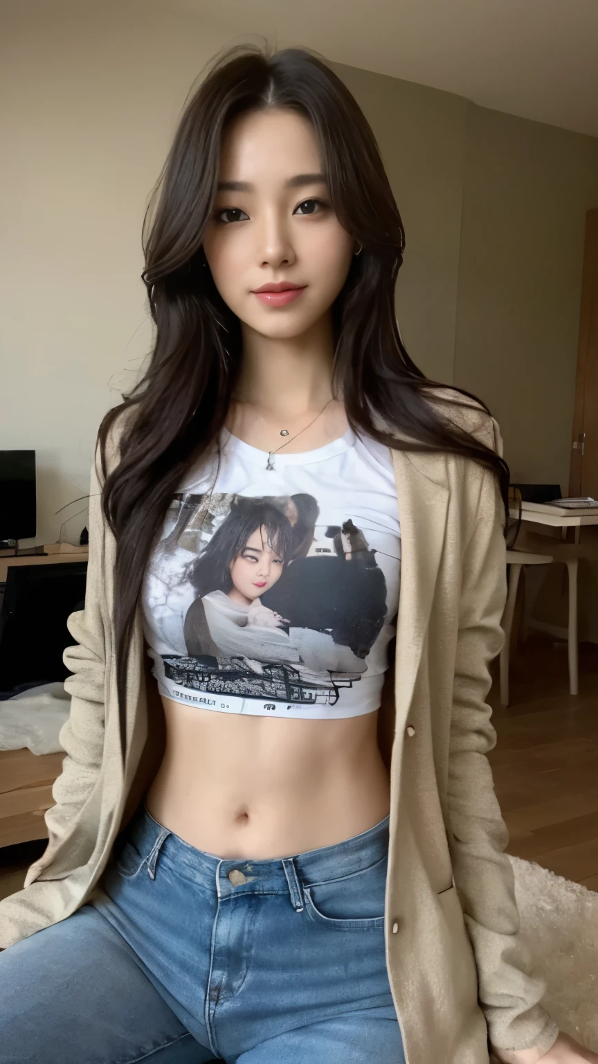 ((top-quality、8k、masterpiece:1.3))、Beautiful woman with perfect body:1.4、slim abdomen:1.2、Longhair, normal breast, Highly detailed facial and skin texture, A detailed eye, delicate eyes, (smile), (full body shot), ((computer room)), (sitting on chair), (((wearing t-shirt with jacket))), looking in front