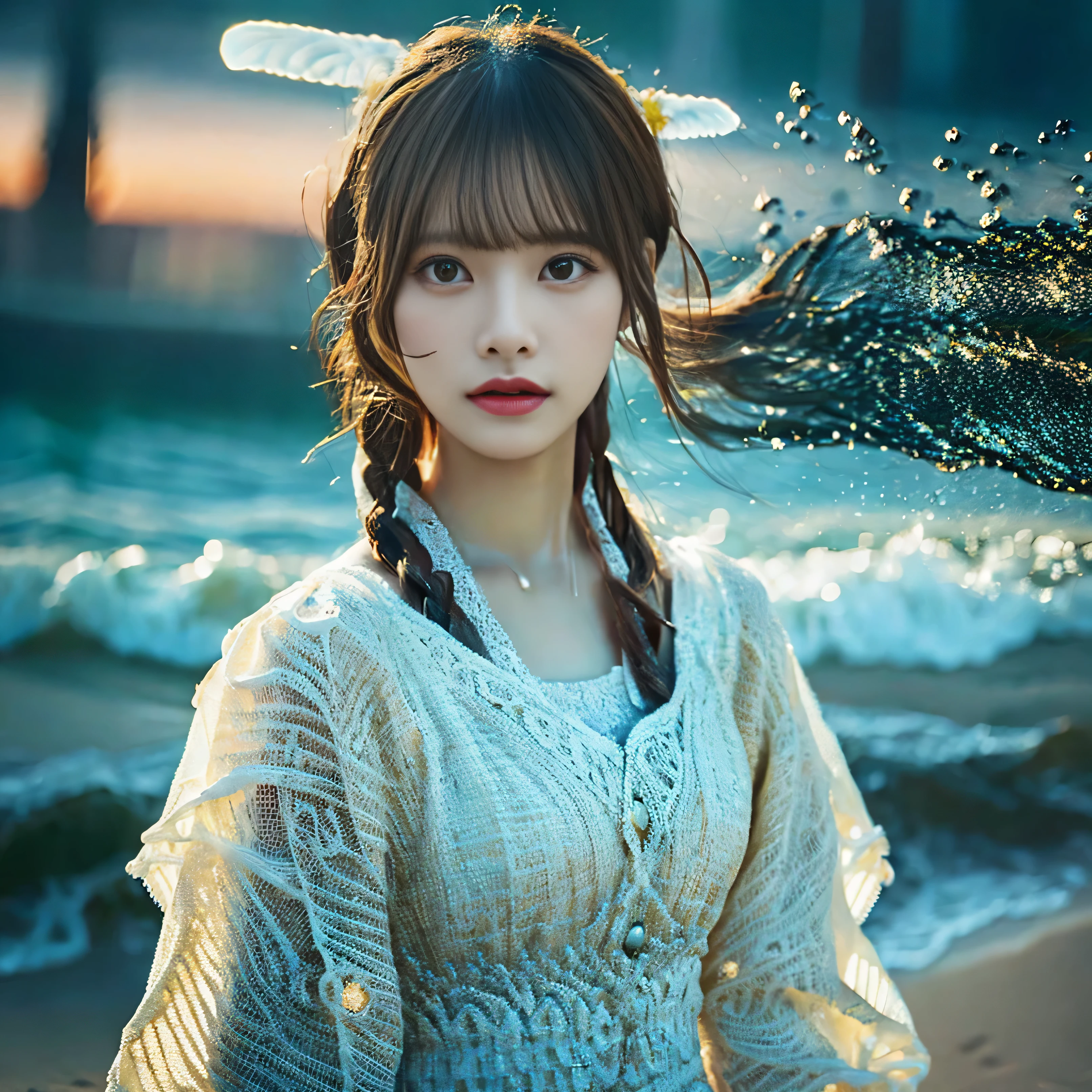 "highest quality, masterpiece:1.2, super detailed, realistic:1.37, 4K digital art, beach, one woman, fine eyes, detailed lips, sandy beach, gentle waves, flowing hair, calm expression, Bright colors, soft sunlight, Calm atmosphere, Summer winds, peaceful scenery, Flying seagull, Palm tree, Clear blue sky, distant horizon, peaceful atmosphere, realistic skin texture, beautiful beach dress"