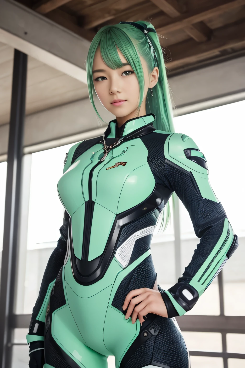 (highest quality, High resolution, masterpiece:1.2), Super detailed, realistic:1.37, (perfect anatomy),1 girl, actress, cowboy shot, Cute and beautiful 18 year old Japanese,standing posture,laughter,beautiful eyes,beautiful skin, detailed facial features, complicated hair, Snug mint green plug suit with futuristic design,futuristic necklace,futuristic hair ornament, attractive idol makeup,tied green hair，cute pose,cyber lab