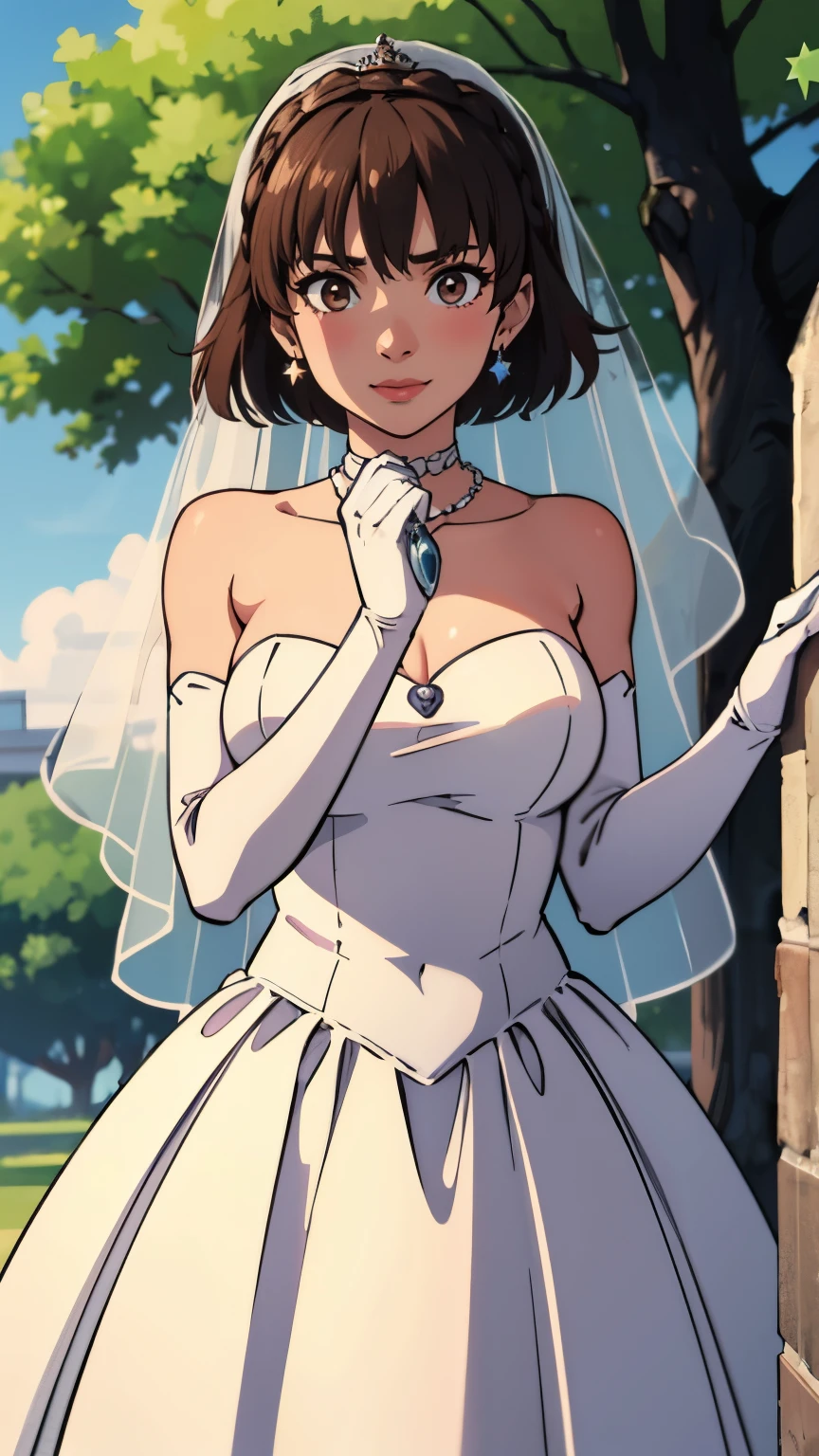 Makoto Niijima, blunt bangs, braid, crown braid, hair between eyes, ahog, brown hair, Star \(symbol\), hair accessories, skirt, split, bare shoulders, clavicle, White long elbow gloves, White gloves, white skirt, white collar, Strapless, Head flower, veil, Strapless skirt, wedding skirt, bridal veil, beautiful woman, Perfect body, Perfect breasts, wearing a wedding skirt, ball gown, On the tree in the park, wedding decorations, warm smile, realism, masterpiece, textured skin, Super details, high detail, high quality, best quality, 1080P, 16k，beautiful bride,Gurwitz,pillory，Head flail，hand flail，flail，(bridal veil:1.5），（Transparent short veil：1.5）,Blushing face，Head flower，headgear，，（tube top wedding dress：1.5），（silk dress：1.2）,（strapless wedding dress：1.5）,pure white dress，necklace，earrings，Raise your hands high，large breasts 