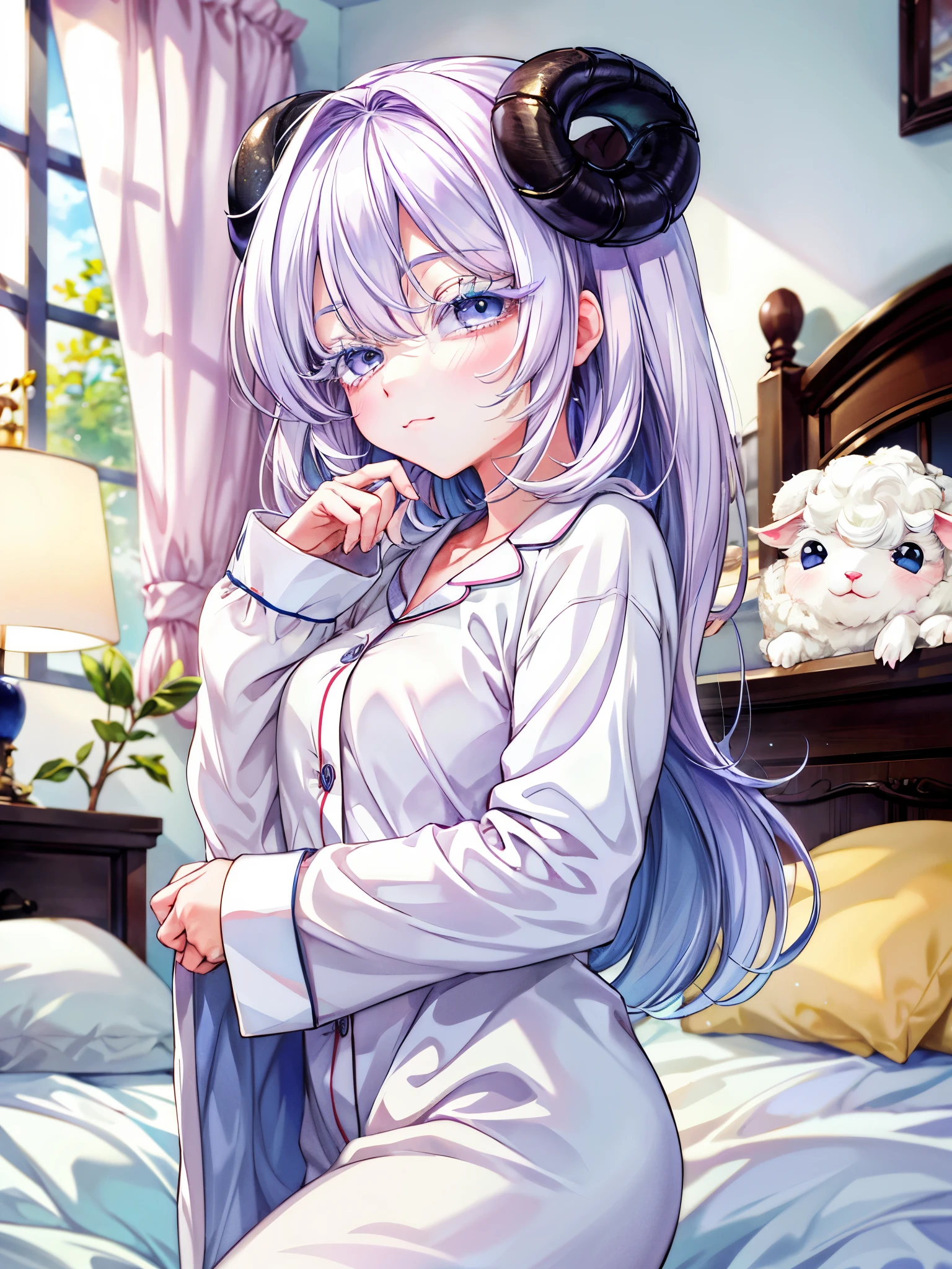 Masterpiece, best quality, high quality, ultra detailed, 1 sheep girl, fluffy, cute, colored eyelashes, white eyelashes, in the bedroom, sleep, pajamas,colored eyelashes, white eyelashes, white hair,