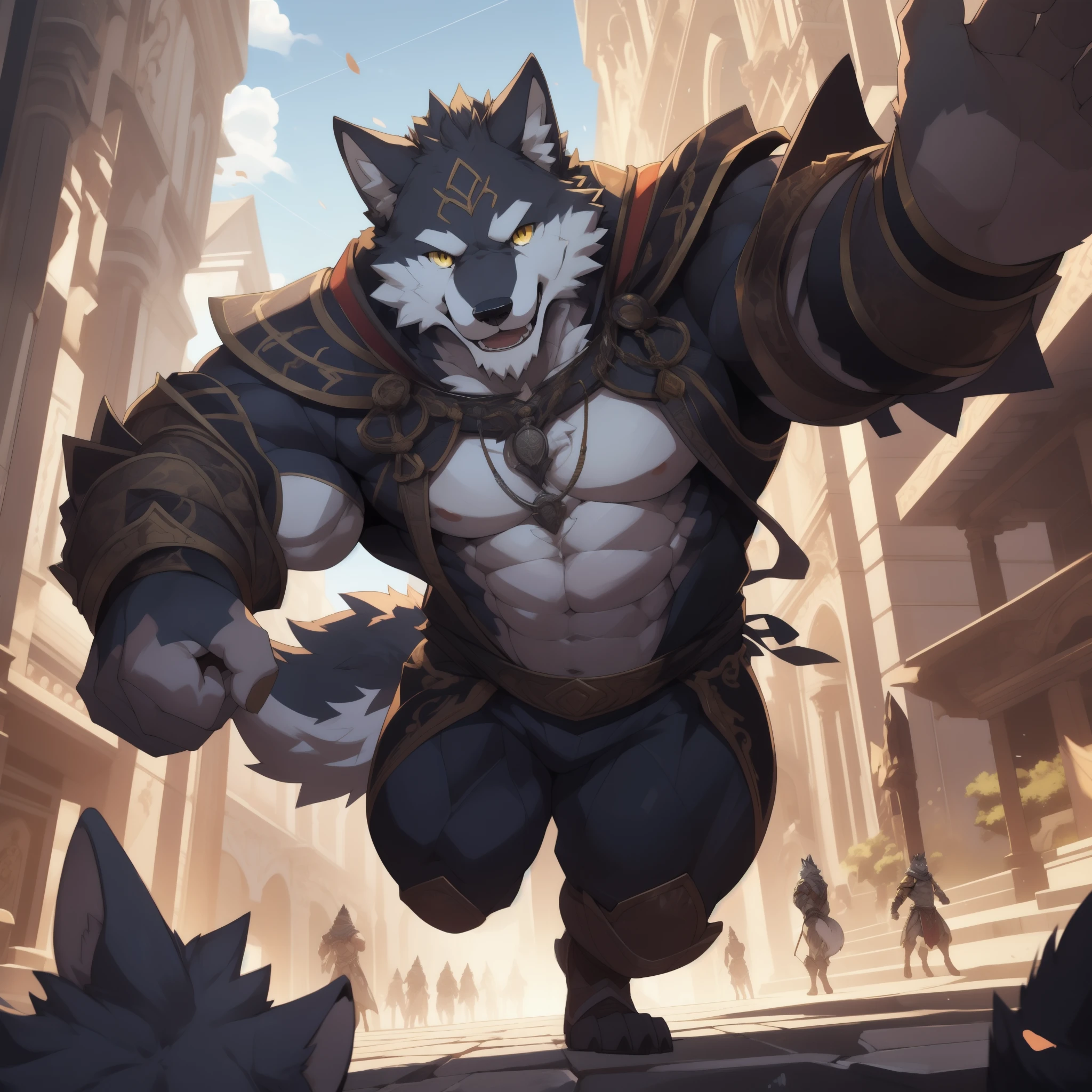 Anthro((dramatic))epic, dynamic angle, One scene of movie, An extreme perspective with a powerful composition, absurdres, Perfect Anatomy, (ultra detailed), sharp focus, niji, eyesgod, yellow eyee, furry, light-white fur, black fur, anthro (wolf), male, 25 age, upper body, white belly & chest, tail, muscular, knight costume, ultra detailed face, happy, joyful, depth of field, motion blur, (best quality), (masterpiece), high details, high quality, award winning, highres, HD, 16k, looking at viewer, white ears,