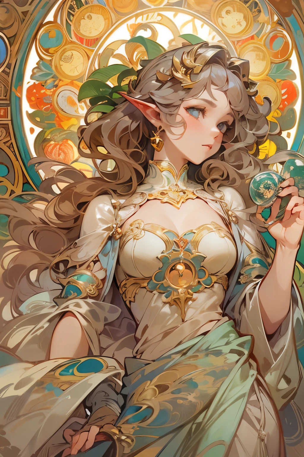 masterpiece, highest quality, ultra high resolution, sharp focus,(Highly detailed CG Unity 8K wallpaper), (highest quality), (best illustrations), Beautiful woman,  Aries,　personification of Aries、strong silver curly hair、Curled horns grow from the side of the head、 fantasy, mysterious atmosphere, horoscope、Mysterious, Alphonse Mucha's Art Nouveau line, Art Nouveau line,　awesome full color,　watercolor painting　
