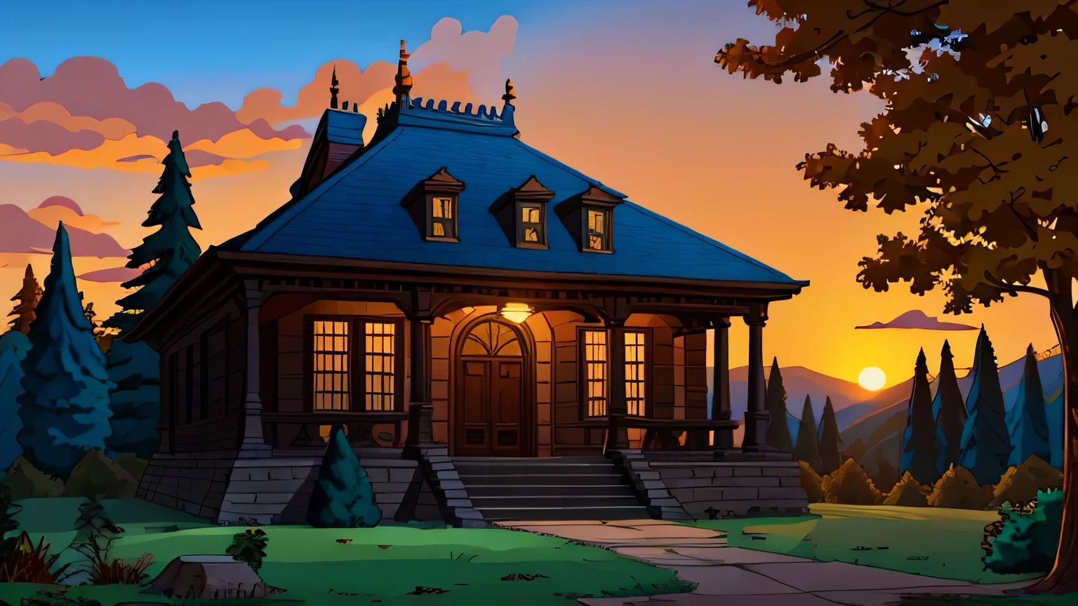 A a small museum building, golden sunrise, worn out, statue in the front, in the woods, 4k, masterpiece