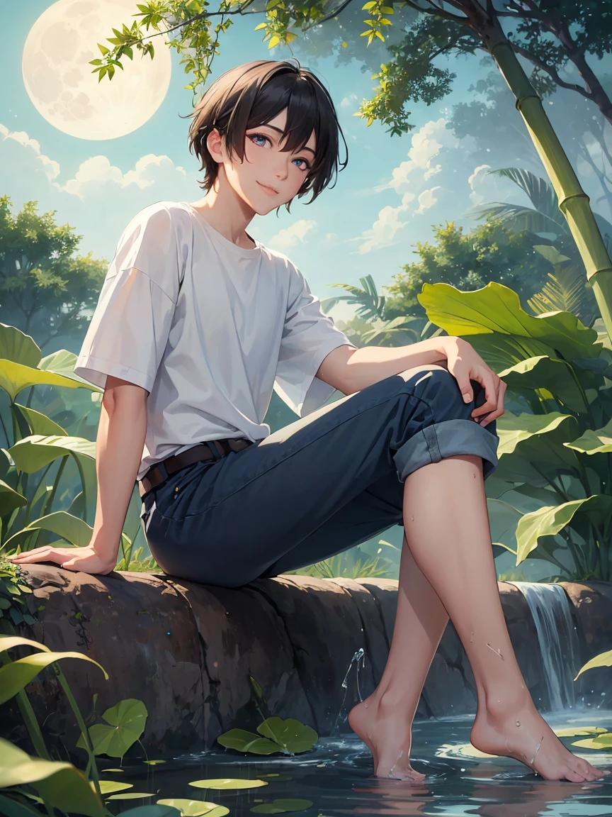 ((masterpiece,best quality)), 1 male, adult, handsome,full_moon, leaf, moon, plant, potted_plant, bamboo, 1guy, handsome man, palm_tree, water, tanabata, branch, barefoot, night, lily_pad, tanzaku, soaking_feet, vines, solo, outdoors, tree, very short black hair, wet, flower, smile, ivy, green_eyes, pants, lily_of_the_valley, sky, looking_at_viewer, palm_leaf, casual clothes, ((masterpiece,best quality)), beautiful detailed eyes, beautiful detailed face