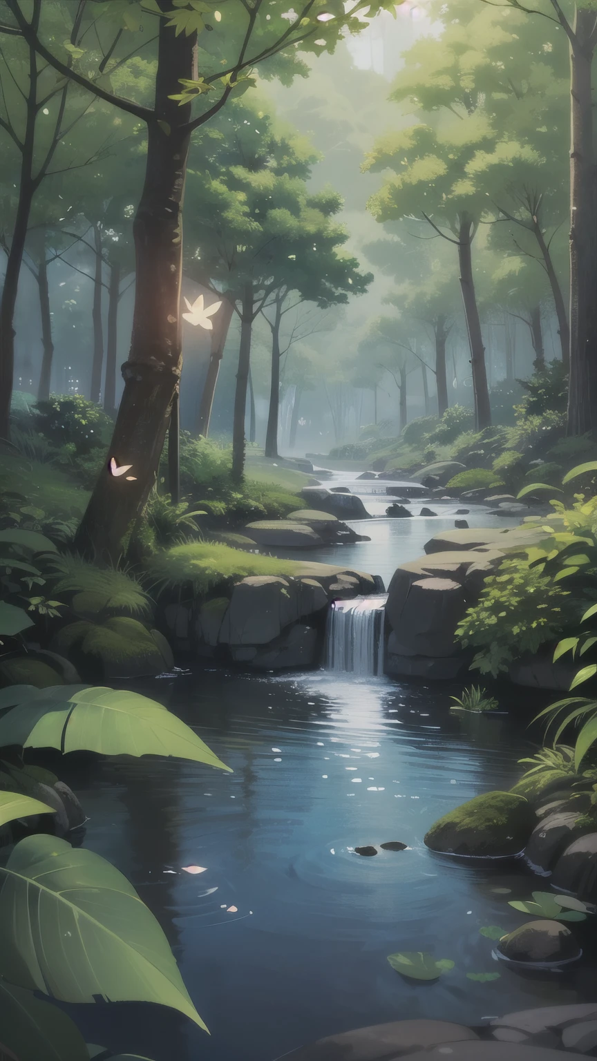 A masterpiece, the best quality, stunning reflections, the best reflections ever. (very detailed CG unity 8k wallpapers), (best quality), (best illustrations), (best shadows), forest theme with natural elements. Tall trees, quiet streams, small glowing mushrooms surrounded by delicate leaves and branches, with fireflies and glowing particle effects,, (natural elements), (jungle theme), (leaves), (twigs), (fireflies), butterflies, (delicate leaves), (glow), (particle effects). , Isometric 3D, Octane Rendering, Ray Traced, Super Detailed