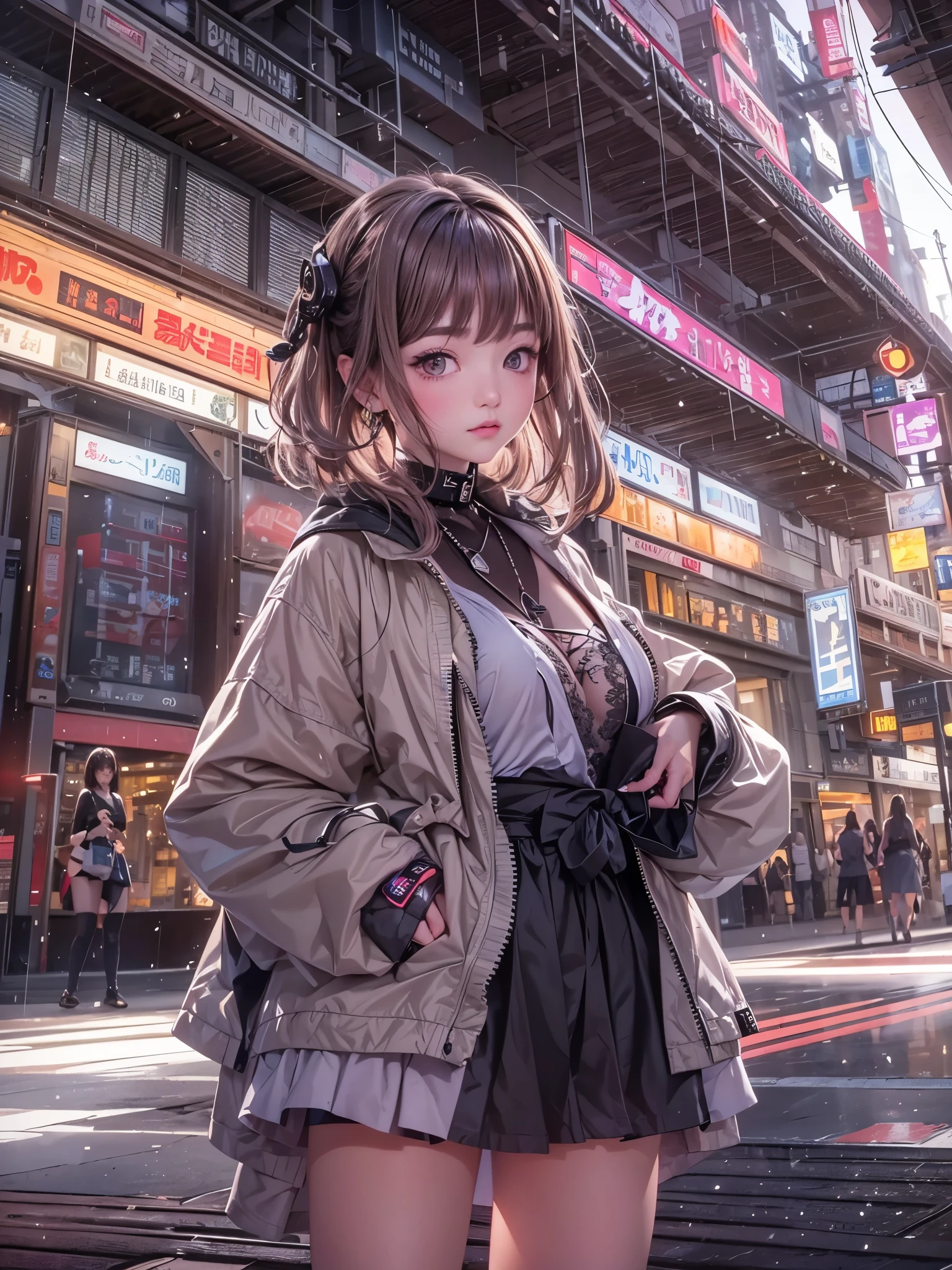 8K、master piece、highest quality、highest level、Highest image quality、muste piece、intricate details、high resolution、depth field、Natural light、professional lighting、(1girl)、solo、asian boyish girl、(cute:1.2)、very beautiful 18 year old cartoon girl、(high detail skin: 1.2)、Photorealistic anime girl rendering、Realistic anime 3D style、short bob cut、、beautiful light brown hair、強烈なblack eyes、strong eye highlights、very big breasts、perfect anatomy、choker、hands behind the back、beautiful brown hair、short hair、crossed bangs、asymmetrical bangs、short bob cut、stick out ears、eyelashes、black eyes、Body shiny with oil、(Detailed bra、mini skirt、)、Decadent and futuristic port facilities in the evening、Shopping at the mall、Sunset and sea、It&#39;s snowing、It&#39;s snowing、(cyberpunk city)、(Futuristic cars、flashing red light)、(Flashing blue and purple neon tubes)、