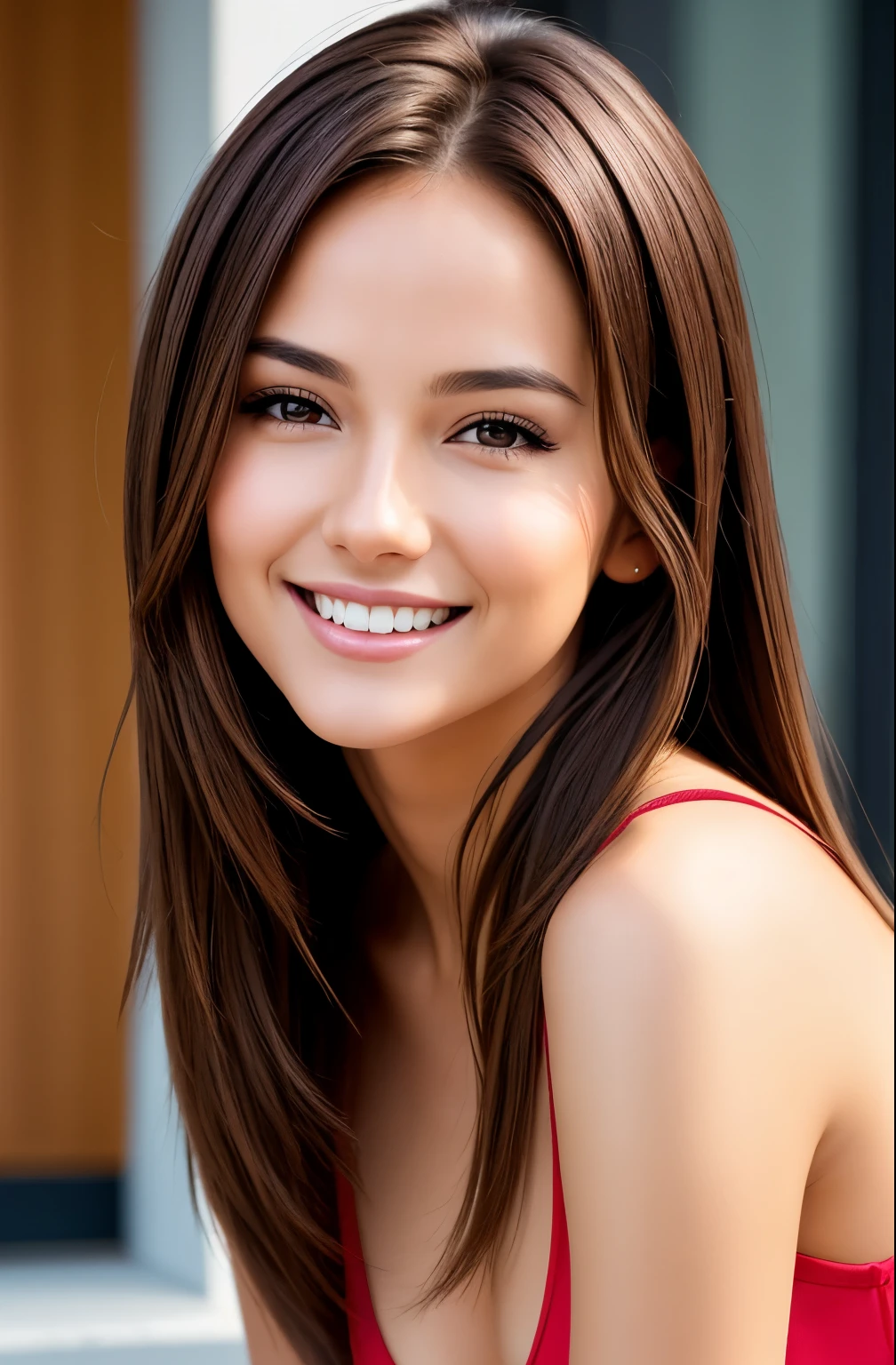 An effortlessly beautiful girl next door, sexy pose, transparent, brown hair, (Happy, excited smile), fotoreal, Hyperrealismus, best quality, (natural skin structure, very detailed face), Meisterwerk, scharfer Fokus