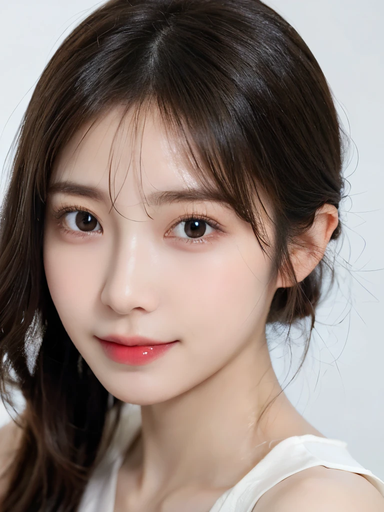 1 girl, NSFW, (white background), ((8K, born, masterpiece: 1.4)), (professional photography, sharp:1.2), ((portrait shot)), perfect dynamic composition, (natural sunlight), (soft shadow), (perfect body:1.4, slim abs:1.2), ((Japan hairstyles:1.4, huge breasts:1.2)), Long hair down to the chest, Super detailed face and skin, perfect asian, white skin, (fine skin:1.3),(latex skin:0.4), (perfect shiny skin:0.6), Shiramori Ai, 同僚の学born, 27 years old, Fashion Model, (sexy white luxury dress), show cleavage, black hair, light brown eyes, beautiful eyes, round eyes, cute face, blushing face, natural lips,Moisturized lips, high nose bridge, glossy eyes, perfectly proportioned face, realistic moist skin, exquisite expression, smile slightly at the camera, looking at camera, exquisite expression, minimalist