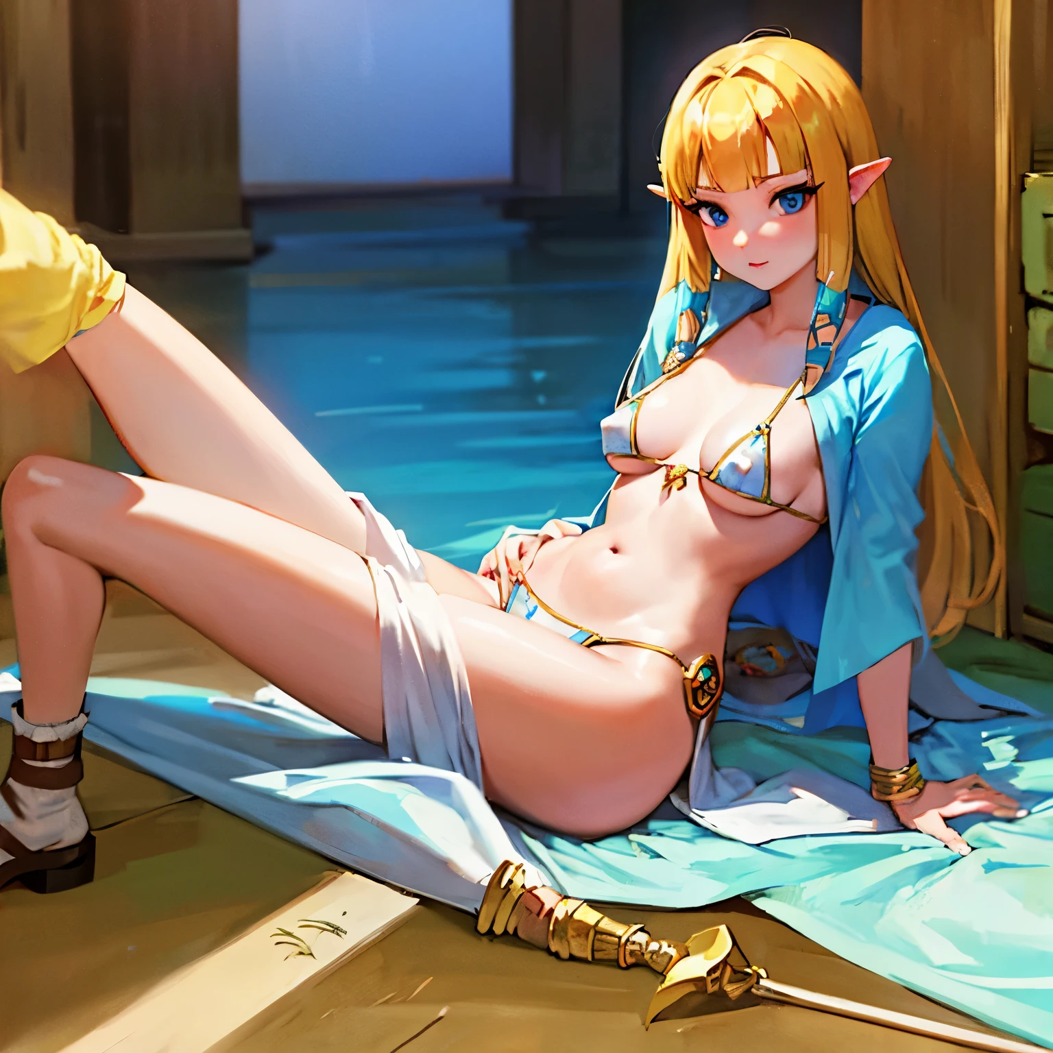highest quality, expressive eyes, perfect face, short hair, blonde girl, our, Princess Zelda, Princess Zeldaの服, legend of zelda, micro bikini