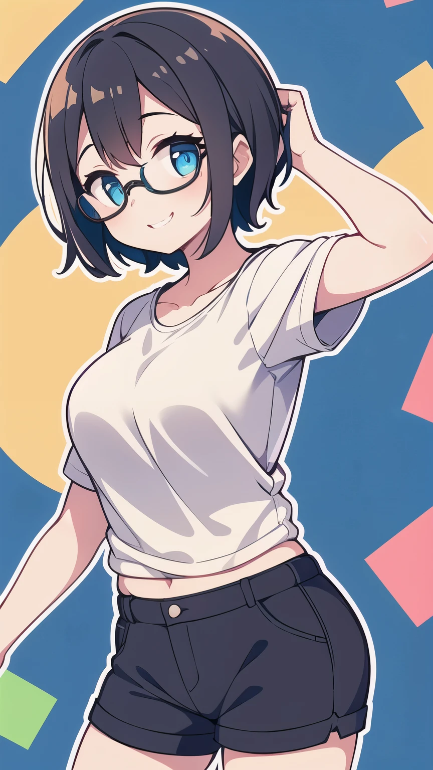 1 garota, Rounded glasses, copos grandes, sorridente, Looking at the camera, short messy hair, pele escura, olhos arredondados, camisa azul ciano, shorts pretos, fechar-se, tiro de revista, Dynamic Posture