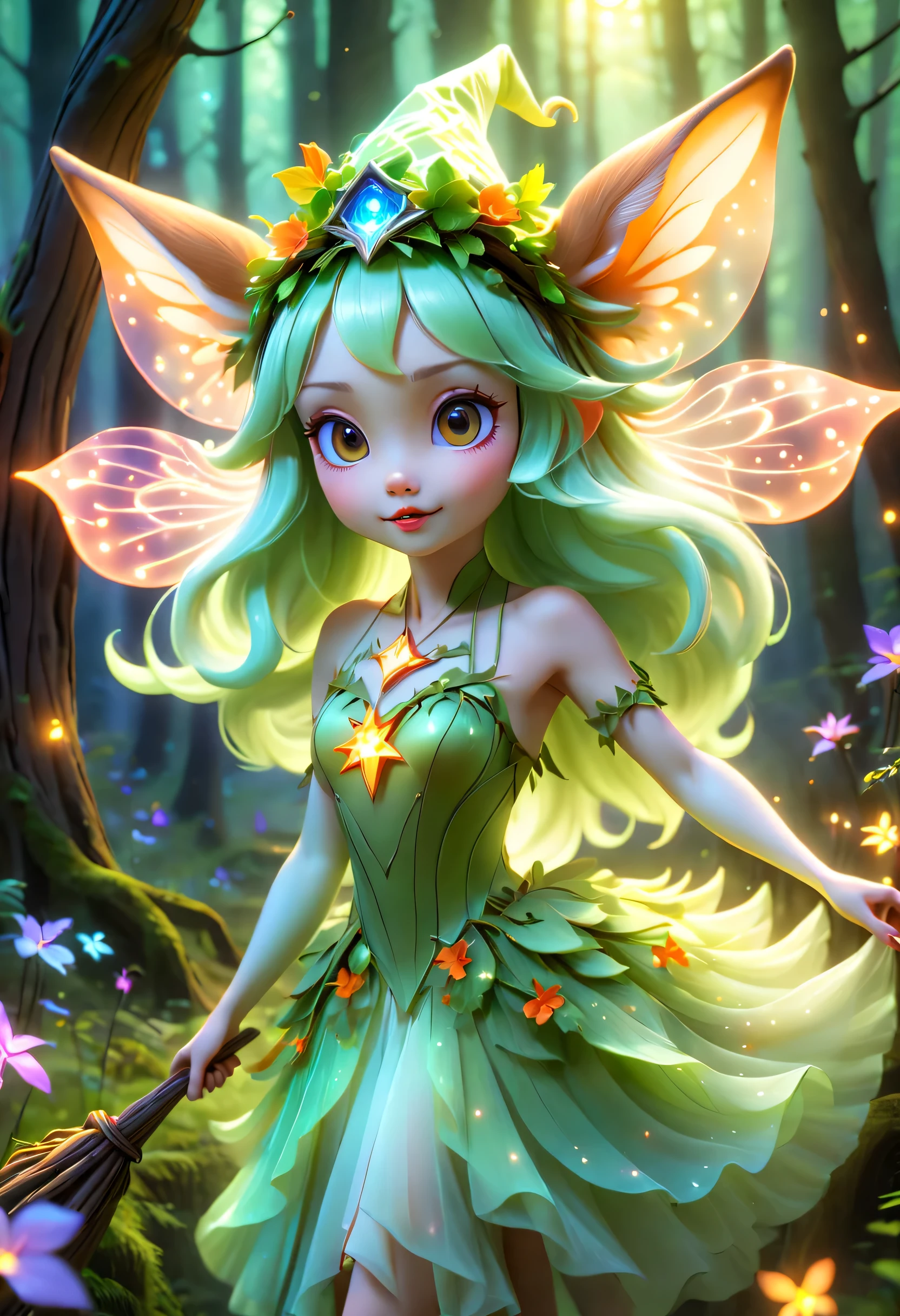 best quality，4K，8k，HD，masterpiece：1.2，super detailed，lifelike：1.37，flash，enchanted forest，magical atmosphere，charming scenery，rich and colorful，（闪闪glow的仙女，Charming witches，Carefully cast），Cute fawn，glow，fluorescence，wand casting，装满glow液体的瓶子，ethereal atmosphere