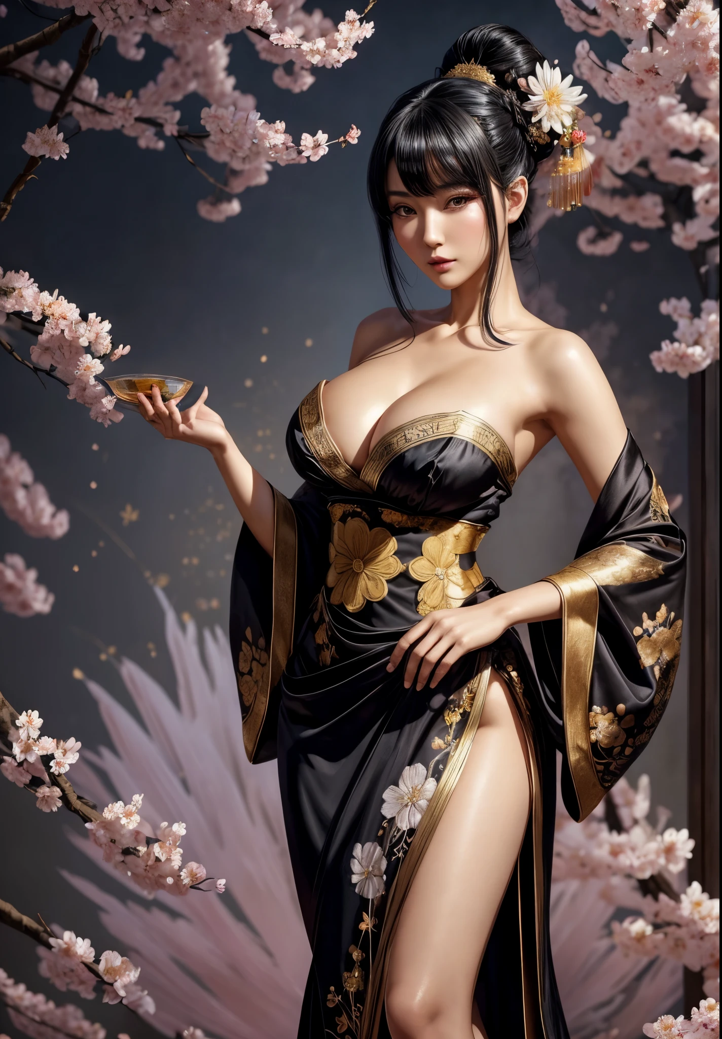 gorgeous oriental woman, black hair in an elaborate hairstyle, elegant embroidered kimono, sakura flower embroidery, gold details, full body shot, cleavage, bare shoulders, standing, large breasts, alchemist, strapless dress, vials , potions, updo, blank background, white background, lulu, ffx