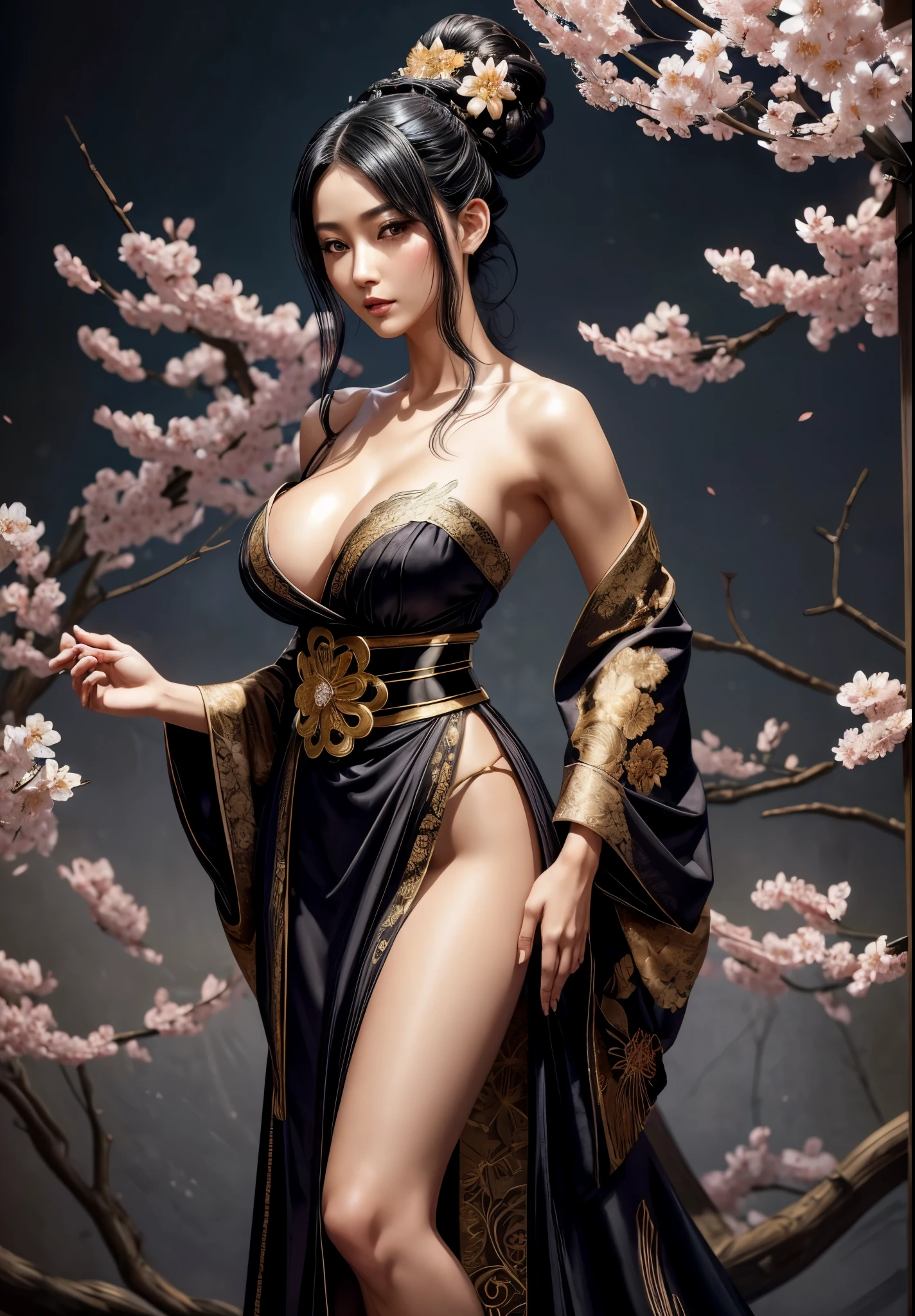 gorgeous oriental woman, black hair in an elaborate hairstyle, elegant embroidered kimono, sakura flower embroidery, gold details, full body shot, , bare shoulders, standing, large breasts,ist, strapless dress, vials , potions, updo, blank background, white background, lulu, ffx