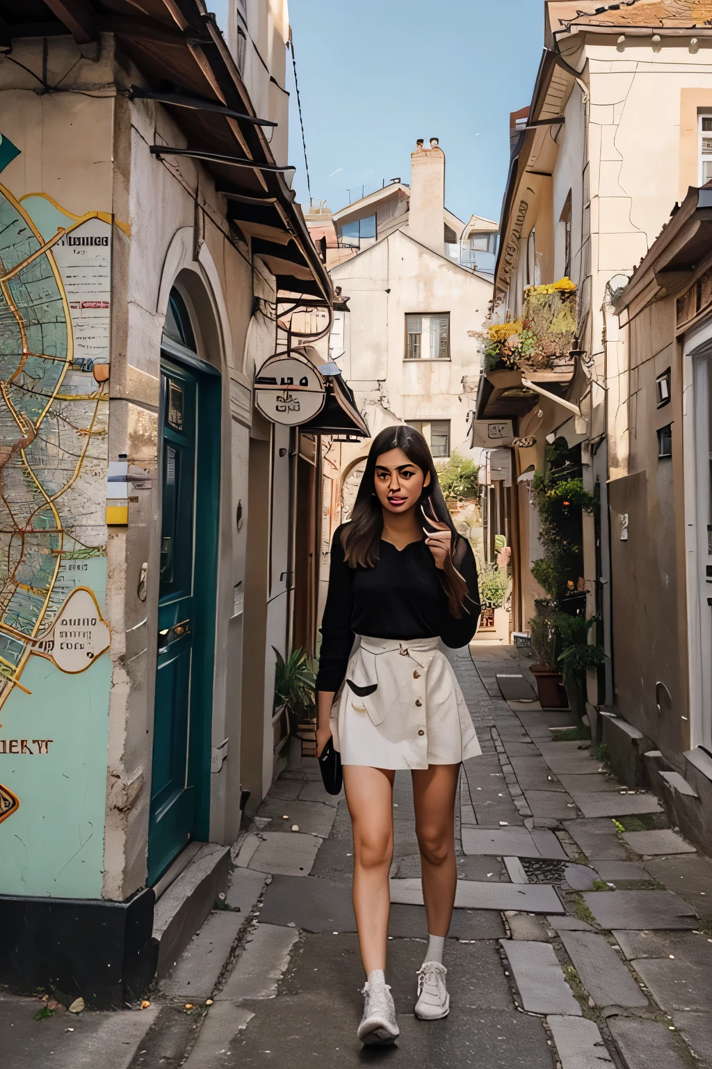In the heart of the city, Elena turns her day of exploration into an adventure. She discovers hidden gems, from quaint cafés to stunning murals, her content a map for those who wish to follow in her fashionable footsteps.