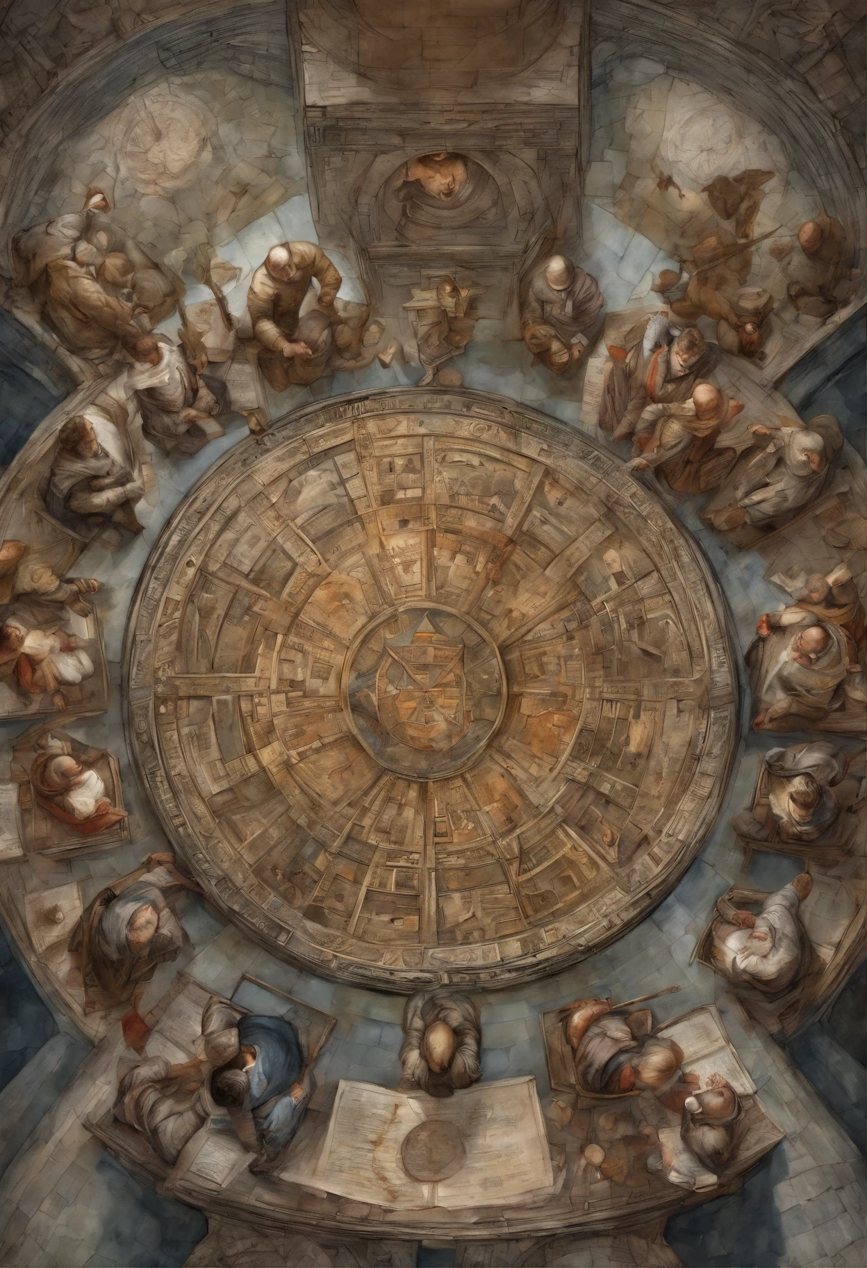 overhead view of a big elegant rounded table and the King Arthur and medieval knights arround, high-angle, volumetric light, cinematic, Art by Yoji Shinkawa, symmetric circular iris, approaching perfection, pure form, minimalistic, isometric, concept art by Brian Froud, by Carne Griffiths, by Wadim Kashin, by John William Waterhouse, intricate details, 8k post production, high resolution, TanvirTamim, hyperdetailed, trending on artstation, sharp focus, studio photo, intricate details, highly detailed, by greg rutkowski