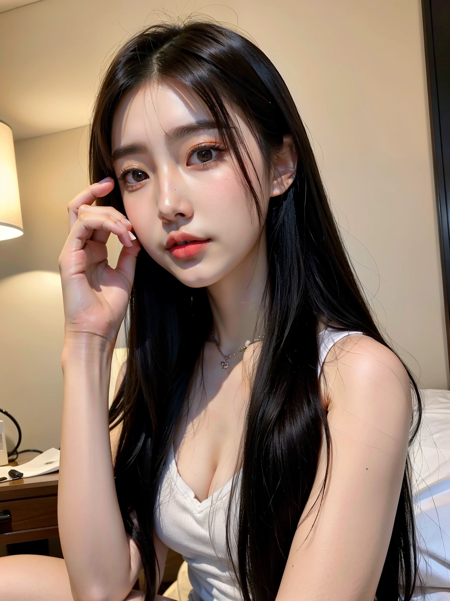 alafed asian women，Long black hair sitting on the bed, Gorgeous young korean woman, 美丽的korean woman, korean girl, Beautiful young korean woman, Urzans, korean woman, Cui Xianhua, Korean popular makeup, Young cute korean face, Korean popular makeup, Shin Jinying, Minami Zaiwa, cute korean face, 8K selfie photo