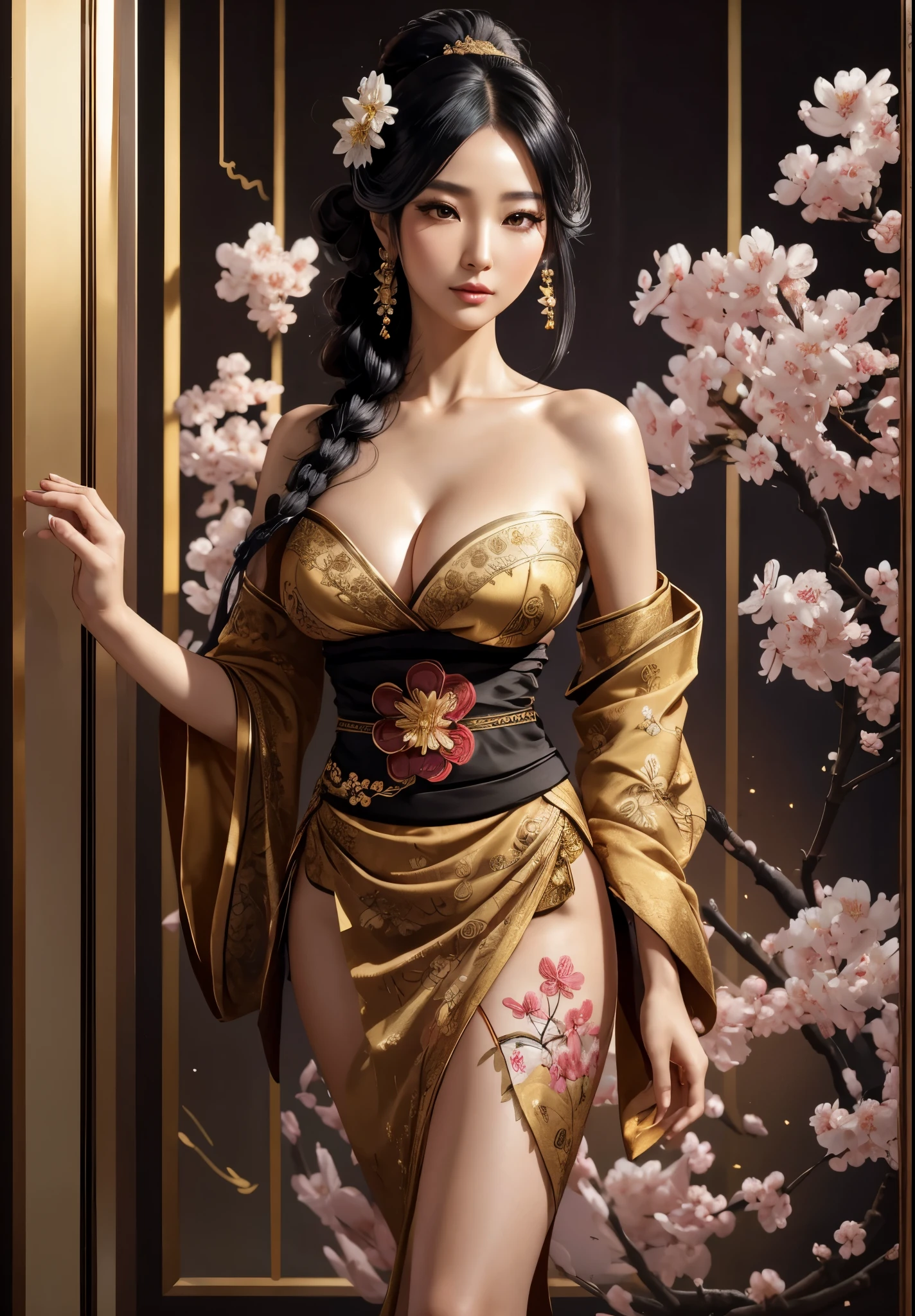 gorgeous oriental woman, black hair in an elaborate hairstyle, elegant embroidered kimono, sakura flower embroidery, gold details, full body shot, cleavage, bare shoulders, standing, large breasts, alchemist, strapless dress, vials , potions, updo, blank background, white background, lulu, ffx