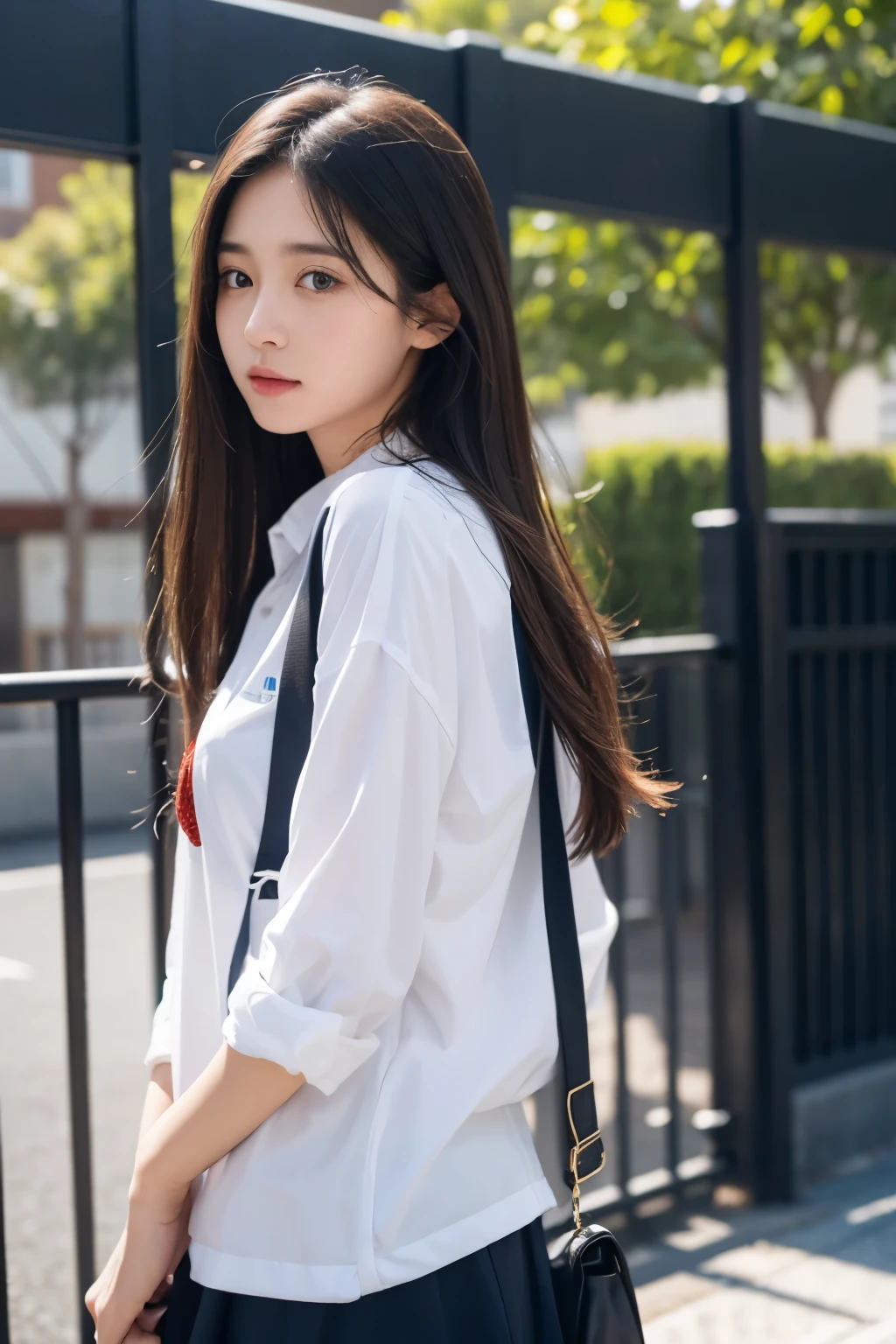 A female college student with long hair stands at the school gate,Looking at the sky with blurred eyes
