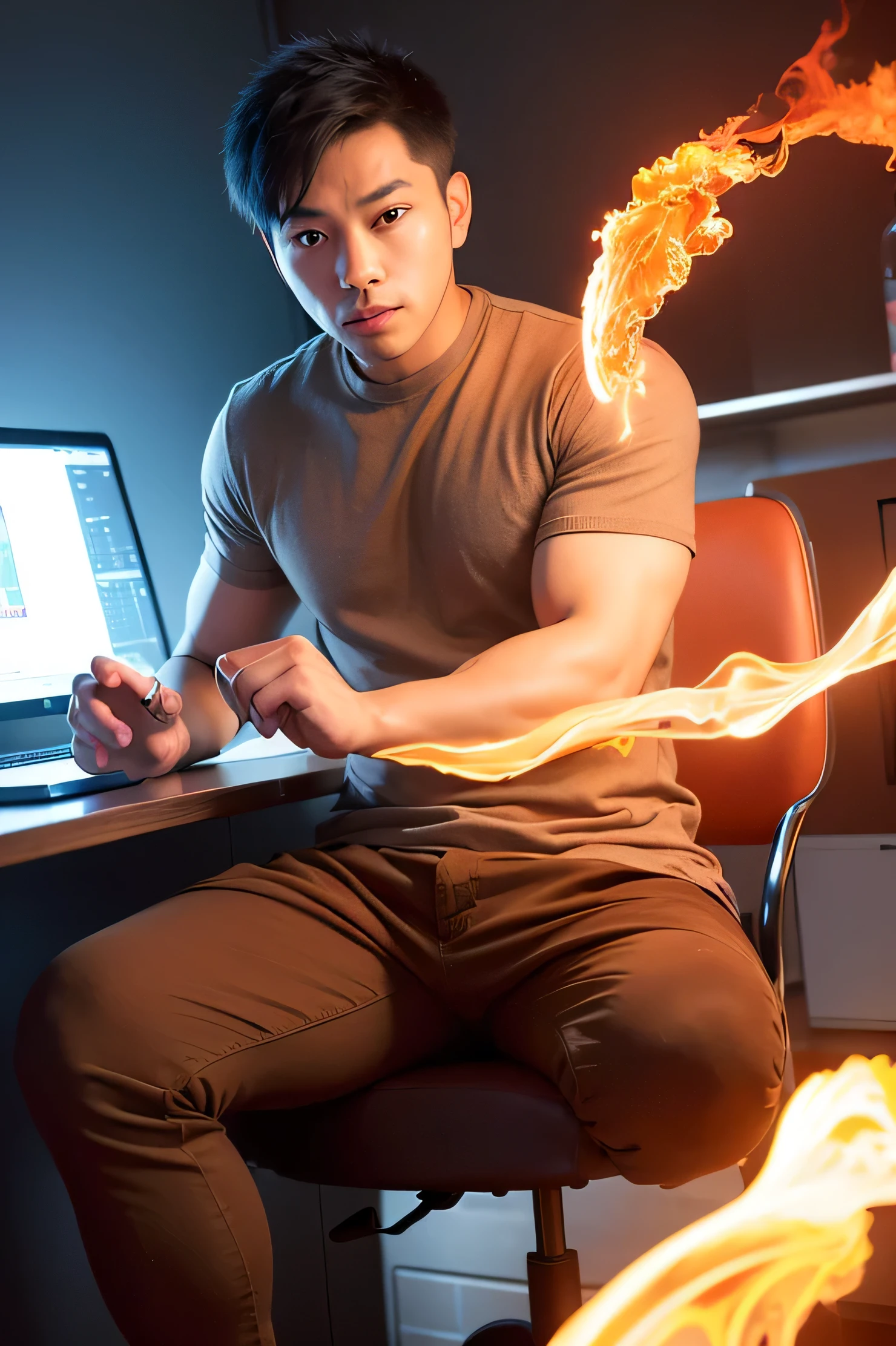 A person sitting in front of a computer,table,Arafard Pictures, The expression is anxious,the background is on fire,Promotional videotional image, Popular topics on cgstation, Li Zixin, Fire is made up of binary code, lu ji, Promotional video, promotional shot, Inspired by Cheng Jiasui, trailer, sha xi, she has fire powers, Danger, 1080P