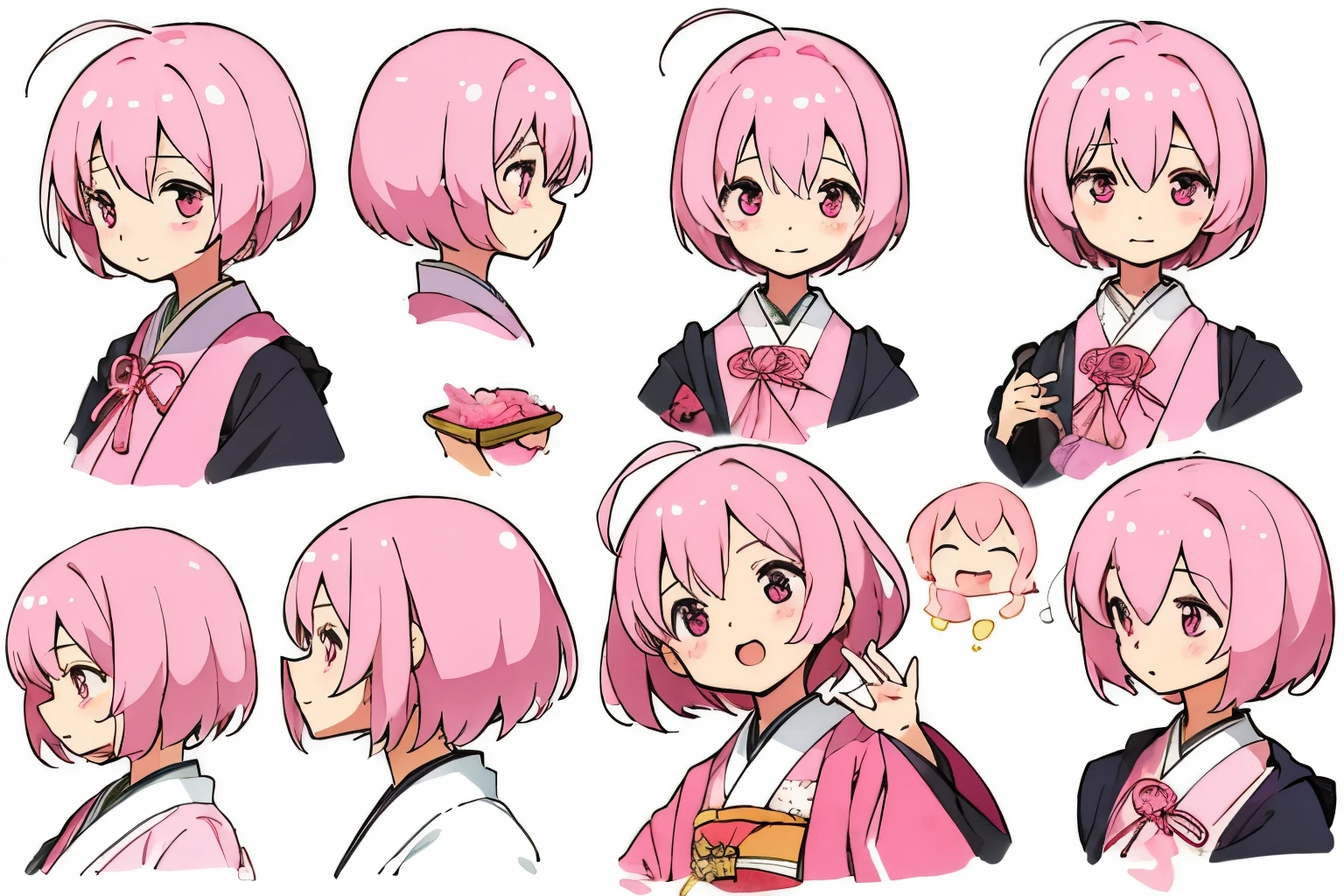 masterpiece, highest quality, super detailed, disorganized, 1 girl, pink eyes, pink hair, short hair, fine eyes, I opened my eyes, eyelash, looking at the viewer, Face-to-face audience, whole body, white background, Reference Sheet, Performance, simple background, (Ahoge:0.8), Little, (:3, :d:0.6), Happy, variation, blush, (closed mouth:0.5), traditional Japanese costume, sad