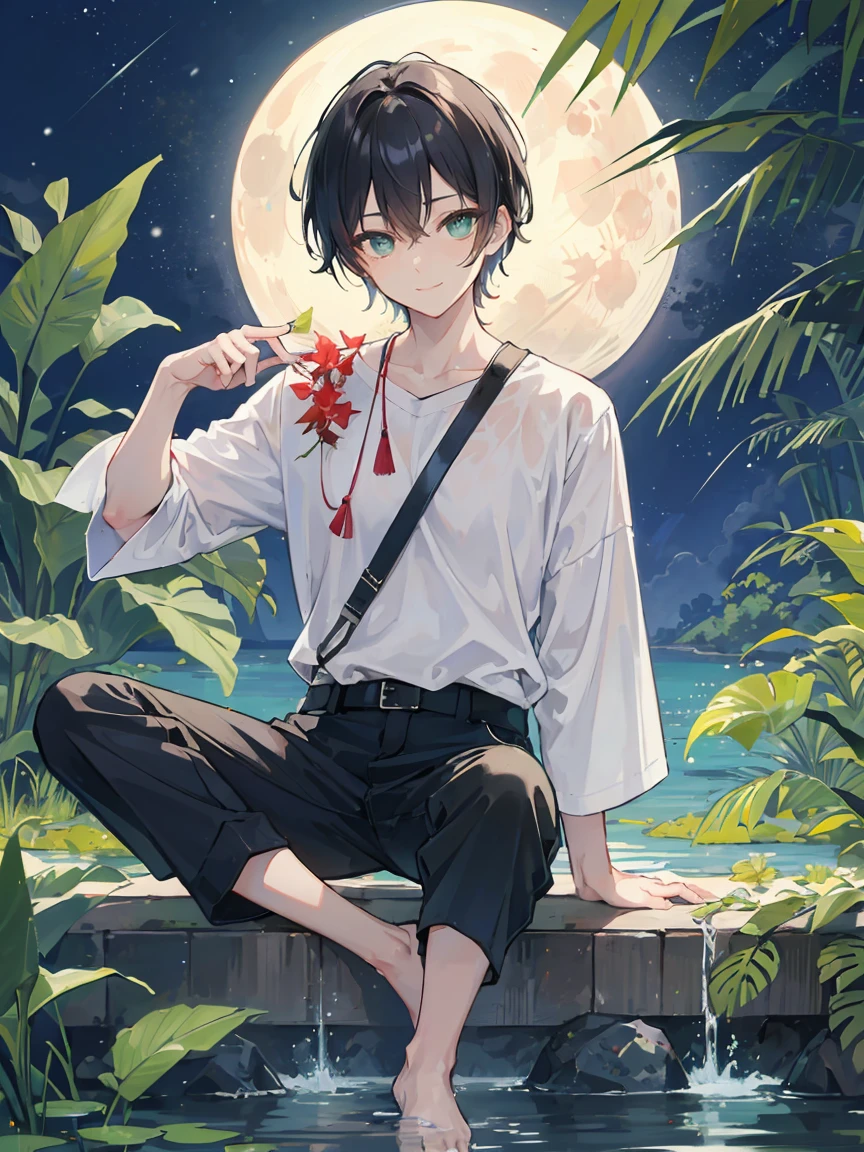 ((masterpiece,best quality)), 1 male, adult, handsome,full_moon, leaf, moon, plant, potted_plant, bamboo, 1guy, handsome man, palm_tree, water, tanabata, branch, barefoot, night, lily_pad, tanzaku, soaking_feet, vines, solo, outdoors, tree, very short black hair, wet, flower, smile, ivy, green_eyes, pants, lily_of_the_valley, sky, looking_at_viewer, palm_leaf, casual clothes, ((masterpiece,best quality)), beautiful detailed eyes, beautiful detailed face