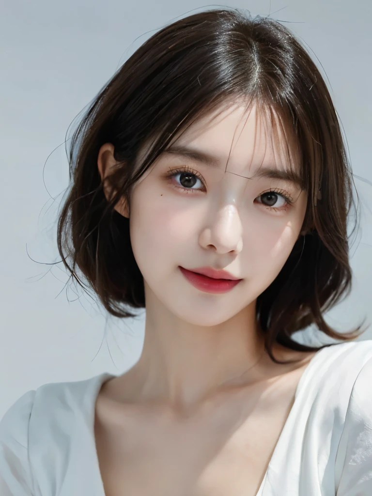 1 girl, NSFW, (white background), ((8K, born, masterpiece: 1.4)), (professional photography, sharp:1.2), ((portrait shot)), perfect dynamic composition, (natural sunlight), (soft shadow), (perfect body:1.4, slim abs:1.2), ((Japan hairstyles:1.4, huge breasts:1.2)), Long hair down to the chest, Super detailed face and skin, perfect asian, white skin, (fine skin:1.3),(latex skin:0.4), (perfect shiny skin:0.6), Shiramori Ai, 同僚の学born, 27 years old, Fashion Model, (sexy white luxury dress), show cleavage, black hair, light brown eyes, beautiful eyes, round eyes, cute face, blushing face, natural lips,Moisturized lips, high nose bridge, glossy eyes, perfectly proportioned face, realistic moist skin, exquisite expression, smile slightly at the camera, looking at camera, exquisite expression, minimalist