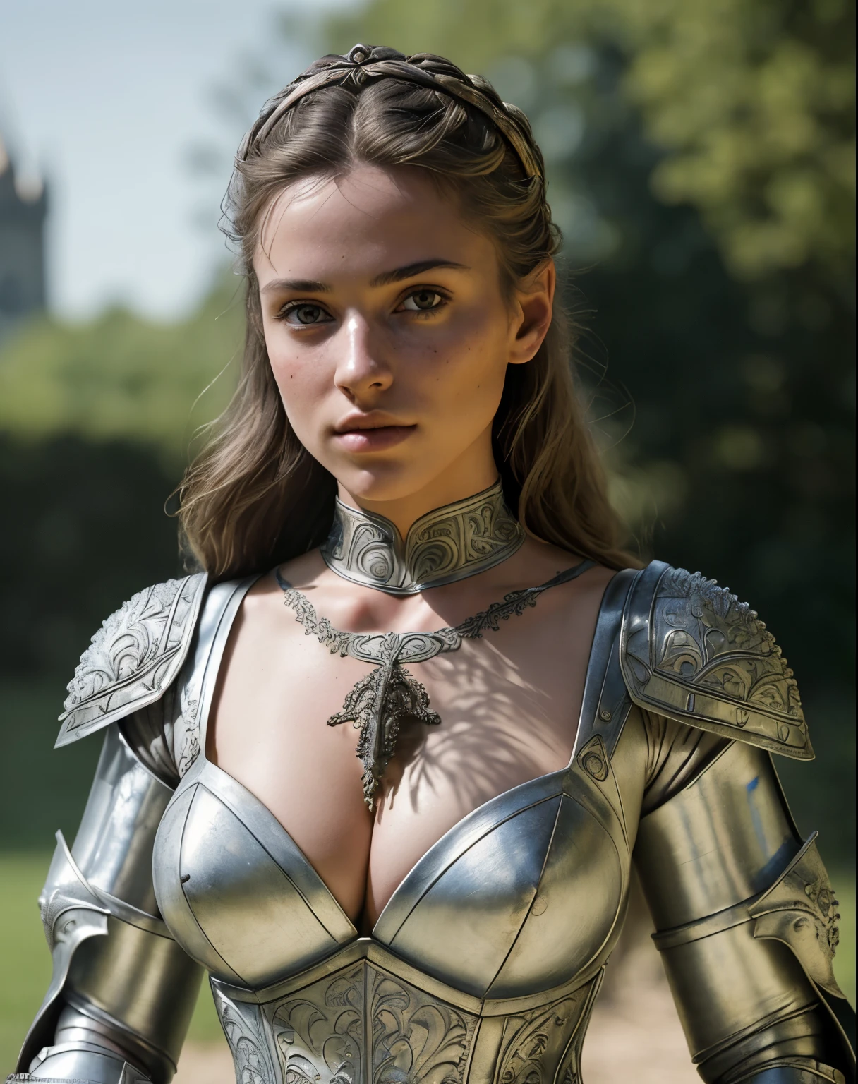 (masterpiece), (extremely intricate:1.3),, (realistic), portrait of a girl, the most beautiful in the world, (medieval armor), metal reflections, upper body, outdoors, intense sunlight, huge bust, far away castle, professional photograph of a stunning woman detailed, sharp focus, dramatic, award winning, cinematic lighting, octane render, unreal engine, volumetrics dtx, (film grain, bokeh, blurry foreground, blurry background), crest on chest