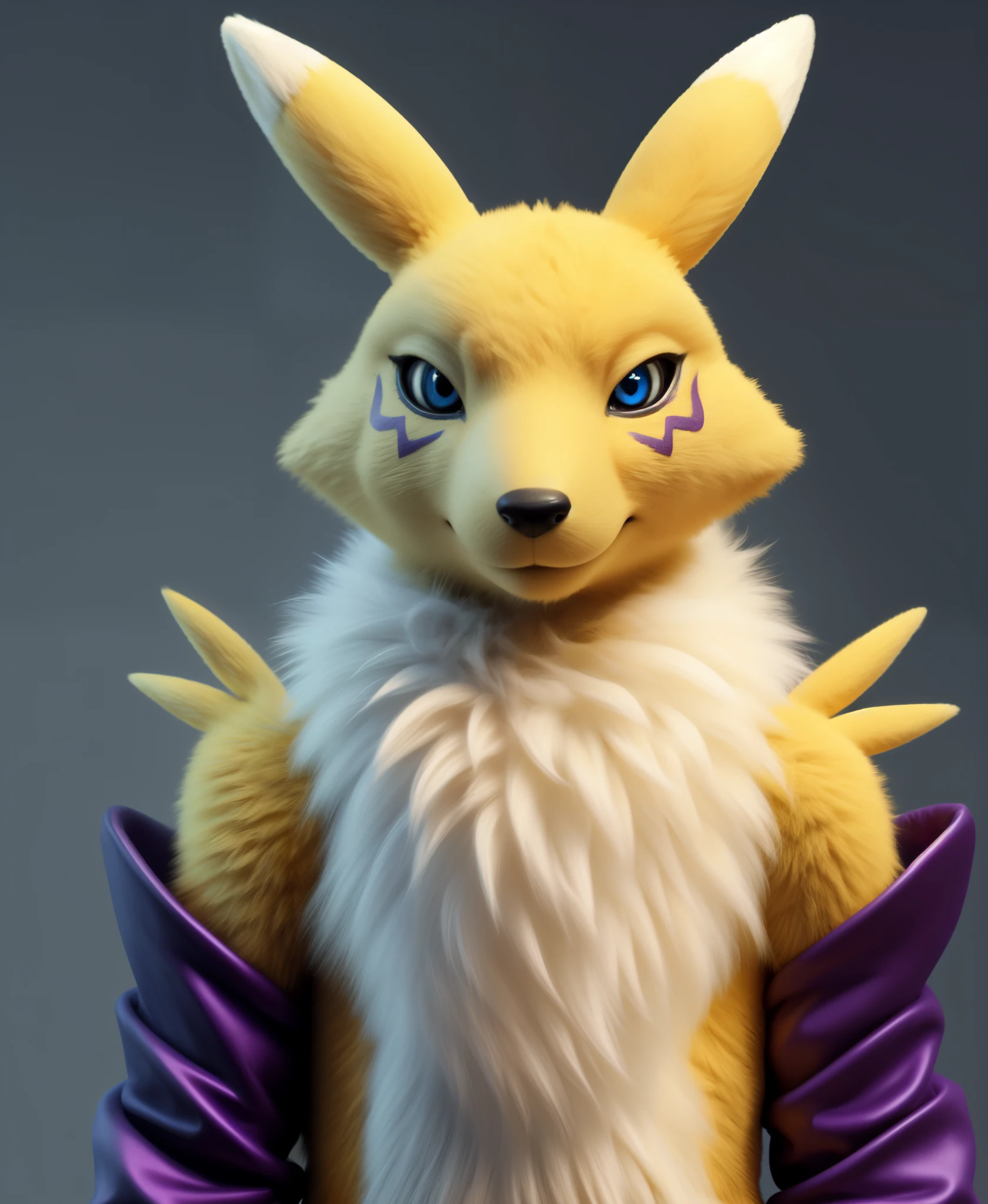 real e621, photorealistic, masterpiece, renamon_(digimon), looking at viewer, sharp blue eyes, full body portrait, purple sleeves,