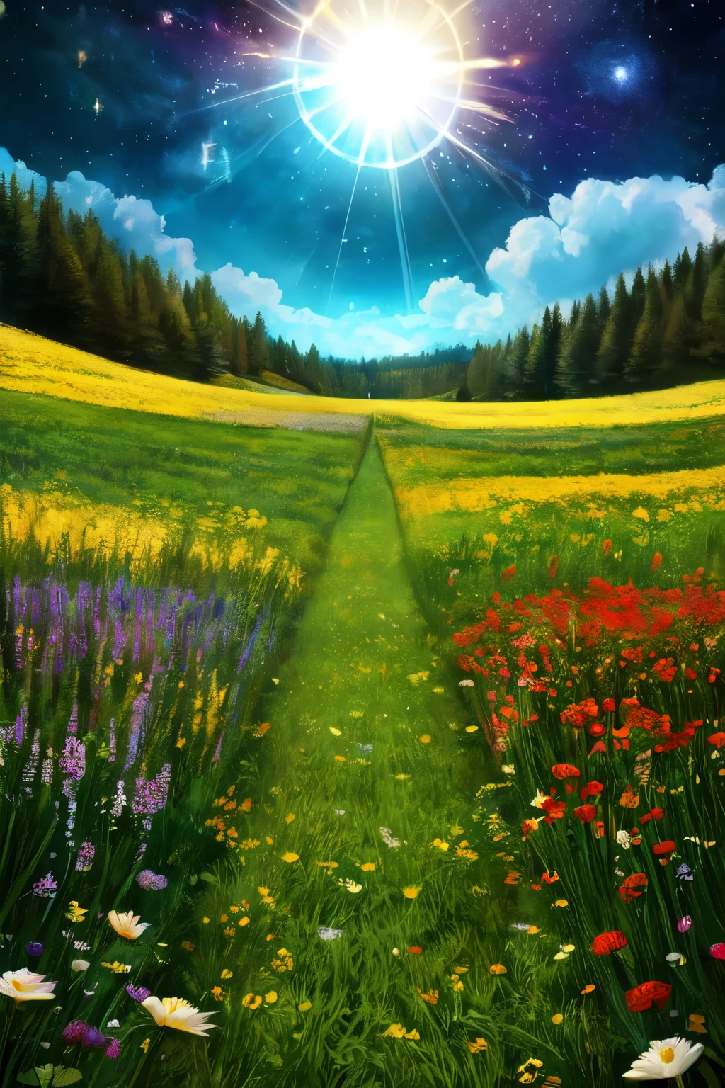 ((highest quality)), ((masterpiece)), (be familiar with), universe in glass meadow background