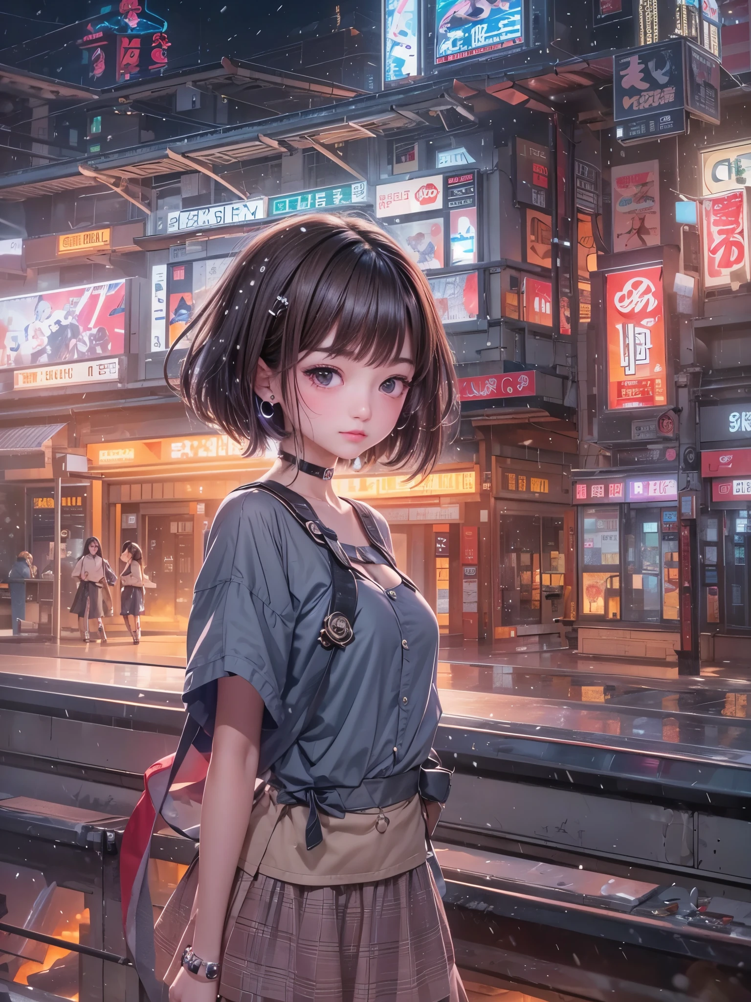 8K、master piece、highest quality、highest level、Highest image quality、muste piece、intricate details、high resolution、depth field、Natural light、professional lighting、(1girl)、solo、asian boyish girl、(cute:1.2)、very beautiful 18 year old cartoon girl、(high detail skin: 1.2)、Photorealistic anime girl rendering、Realistic anime 3D style、short bob cut、、beautiful light brown hair、強烈なblack eyes、strong eye highlights、very big breasts、perfect anatomy、choker、hands behind the back、beautiful brown hair、short hair、crossed bangs、asymmetrical bangs、short bob cut、stick out ears、eyelashes、black eyes、Body shiny with oil、(Detailed bra、mini skirt、)、Decadent and futuristic port facilities in the evening、Shopping at the mall、Sunset and sea、It&#39;s snowing、It&#39;s snowing、(cyberpunk city)、(Futuristic cars、flashing red light)、(Flashing blue and purple neon tubes)、