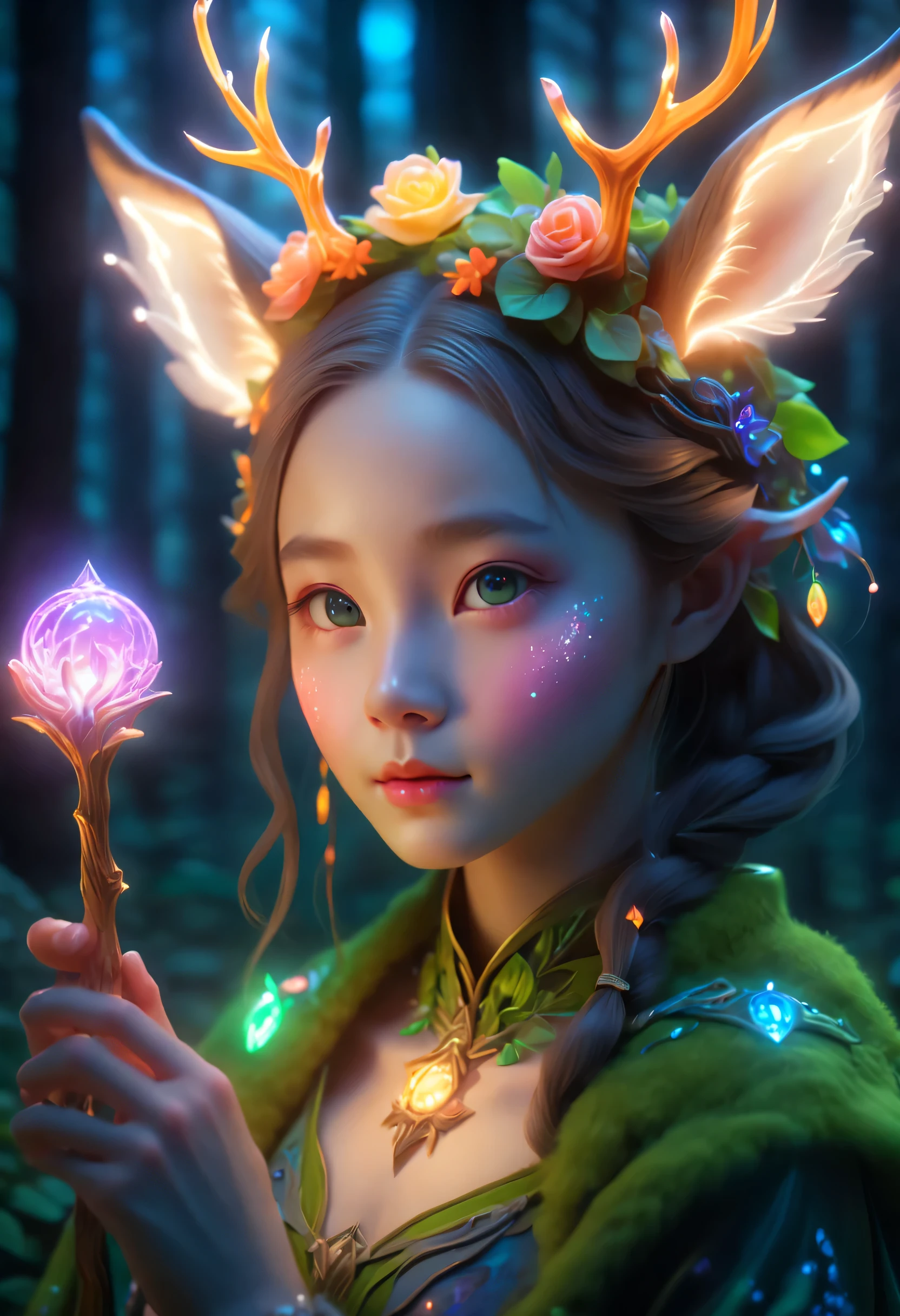 best quality，4K，8k，HD，masterpiece：1.2，super detailed，lifelike：1.37，flash，enchanted forest，magical atmosphere，charming scenery，rich and colorful，（闪闪glow的仙女，Charming witches，Carefully cast），Cute fawn，glow，fluorescence，wand casting，装满glow液体的瓶子，ethereal atmosphere