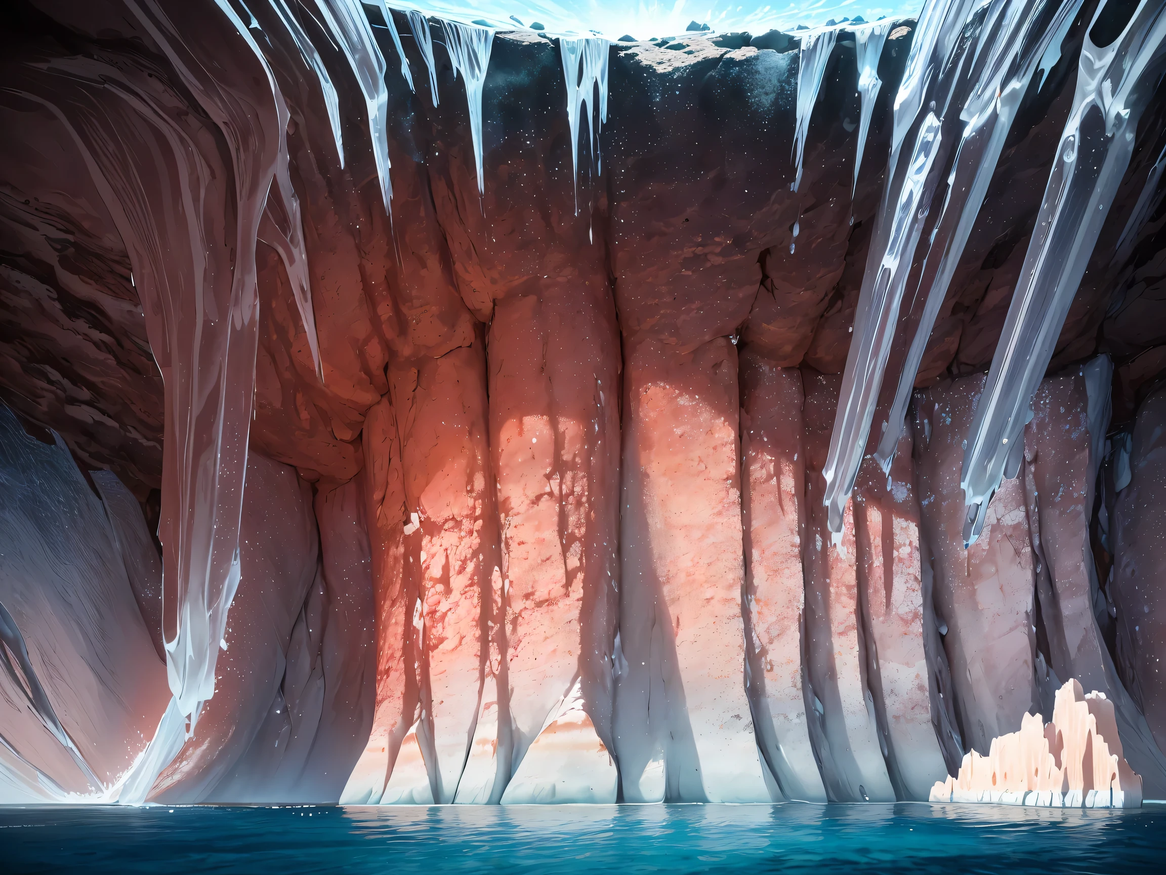 (best quality,ultra-detailed) salt cavern, (vivid colors) red and white (physically-based rendering) salt crystals, (sharp focus) shiny and (extremely detailed) intricate patterns, (studio lighting) illuminating the cavern with a warm glow. (landscape) In the background, (sharp cliffs and deep crevices) rugged rock formations create a dramatic contrast to the smoothness of the salt crystals. (horizon) A distant view of the ocean adds a sense of vastness to the scene. (concept artists) The overall composition of the image is carefully balanced, with the salt cavern serving as the focal point. (bokeh) Soft, out-of-focus highlights in the foreground create a sense of depth, while emphasizing the intricate details of the salt crystals.