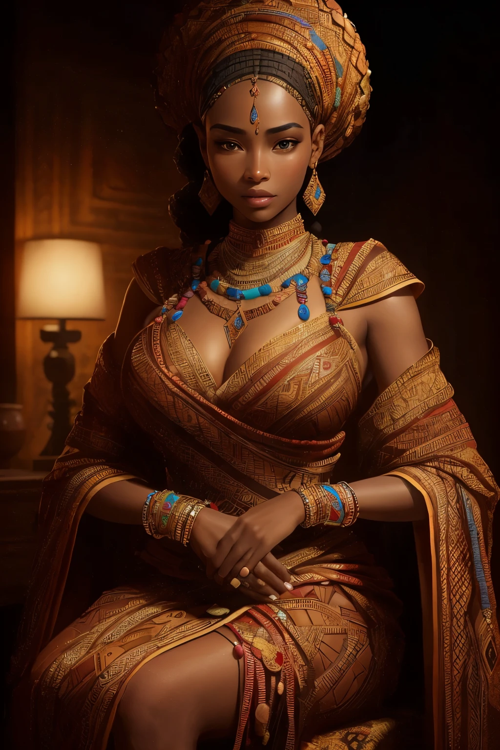 In this ultra-realistic 8K resolution image, we present a captivating portrait of a woman dressed in traditional African attire, immersed in a setting that embodies the profound richness and diversity of African cultures.

The subject dons an intricately designed black garment adorned with tribal motifs and vibrant stamps, each detail showcasing the depth of African artistic heritage. The clothing, woven with careful craftsmanship, exudes an air of regality and grace.

Her accessories are equally evocative, with beads, jewelry, and patterned headwraps adding radiant bursts of color to the scene. The woman's expression is ser