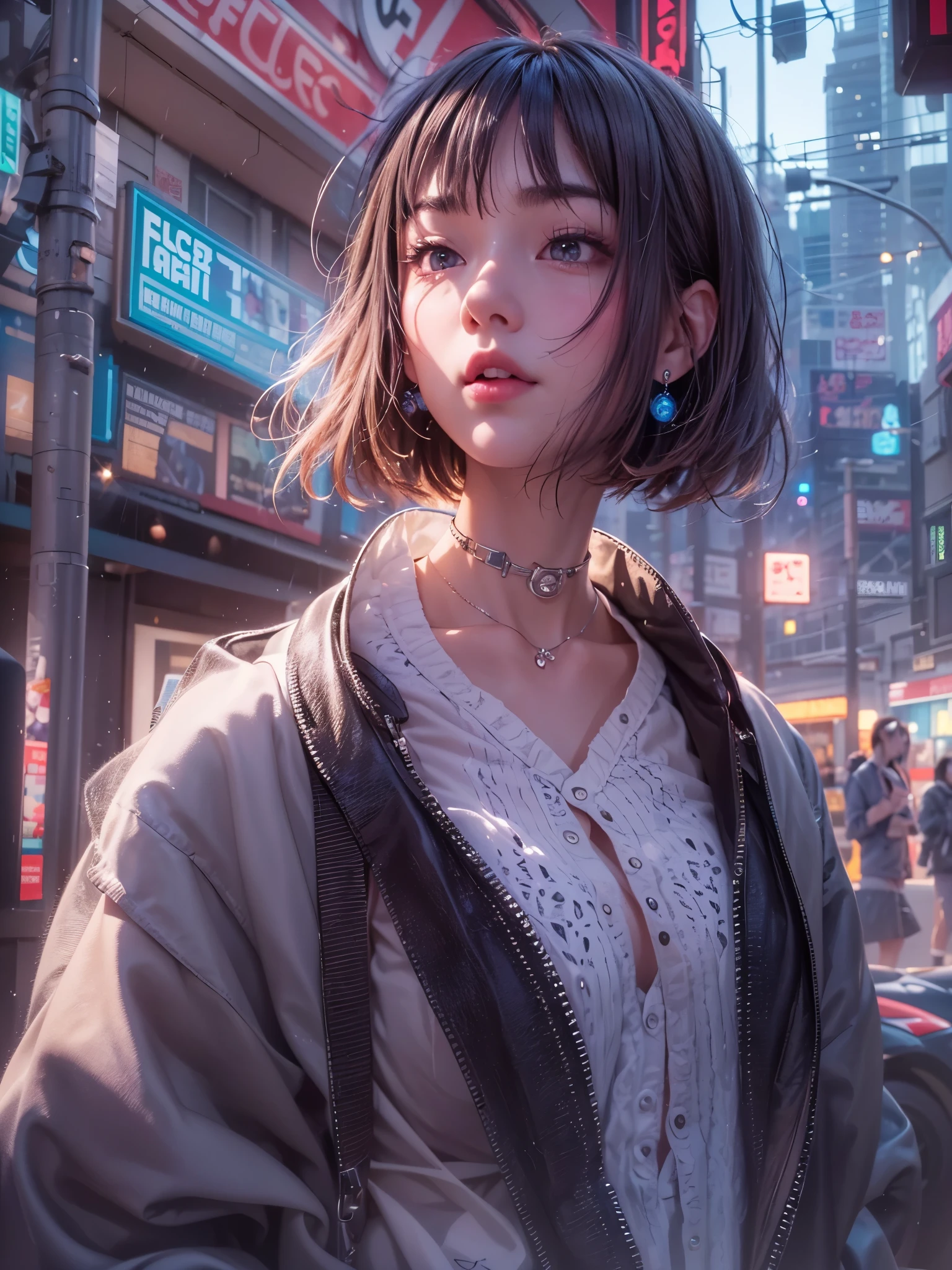 8K、master piece、highest quality、highest level、Highest image quality、muste piece、intricate details、high resolution、depth field、Natural light、professional lighting、(1girl)、solo、asian boyish girl、(cute:1.2)、very beautiful 18 year old cartoon girl、(high detail skin: 1.2)、Photorealistic anime girl rendering、Realistic anime 3D style、short bob cut、、beautiful light brown hair、強烈なblack eyes、strong eye highlights、very big breasts、perfect 、choker、hands behind the back、beautiful brown hair、short hair、crossed bangs、asymmetrical bangs、short bob cut、stick out ears、eyelashes、black eyes、Body shiny with oil、(Detailed bra、mini skirt、fluffy muffler)、Decadent and futuristic port facilities in the evening、Shopping at the mall、Staring at the sunset and the sea、((It&#39;s snowing、It&#39;s snowing))、(cyberpunk city)、(Futuristic cars、flashing red light)、(Flashing blue and purple neon tubes)、((having a ice cream))、